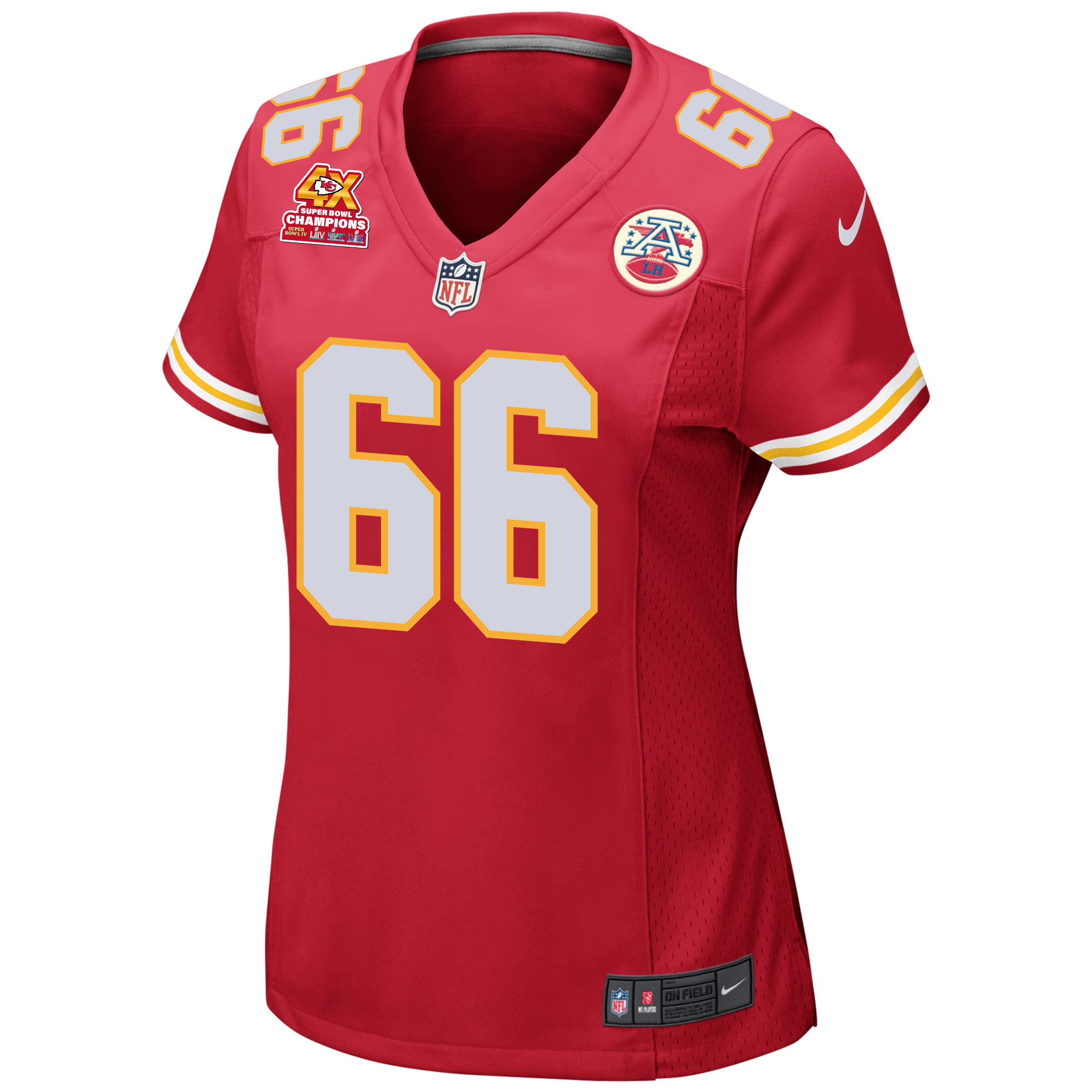 Alternative view of Mike Caliendo #66 Kansas City Chiefs Super Bowl LVIII Champions 4X Game Jersey - Women's | Red