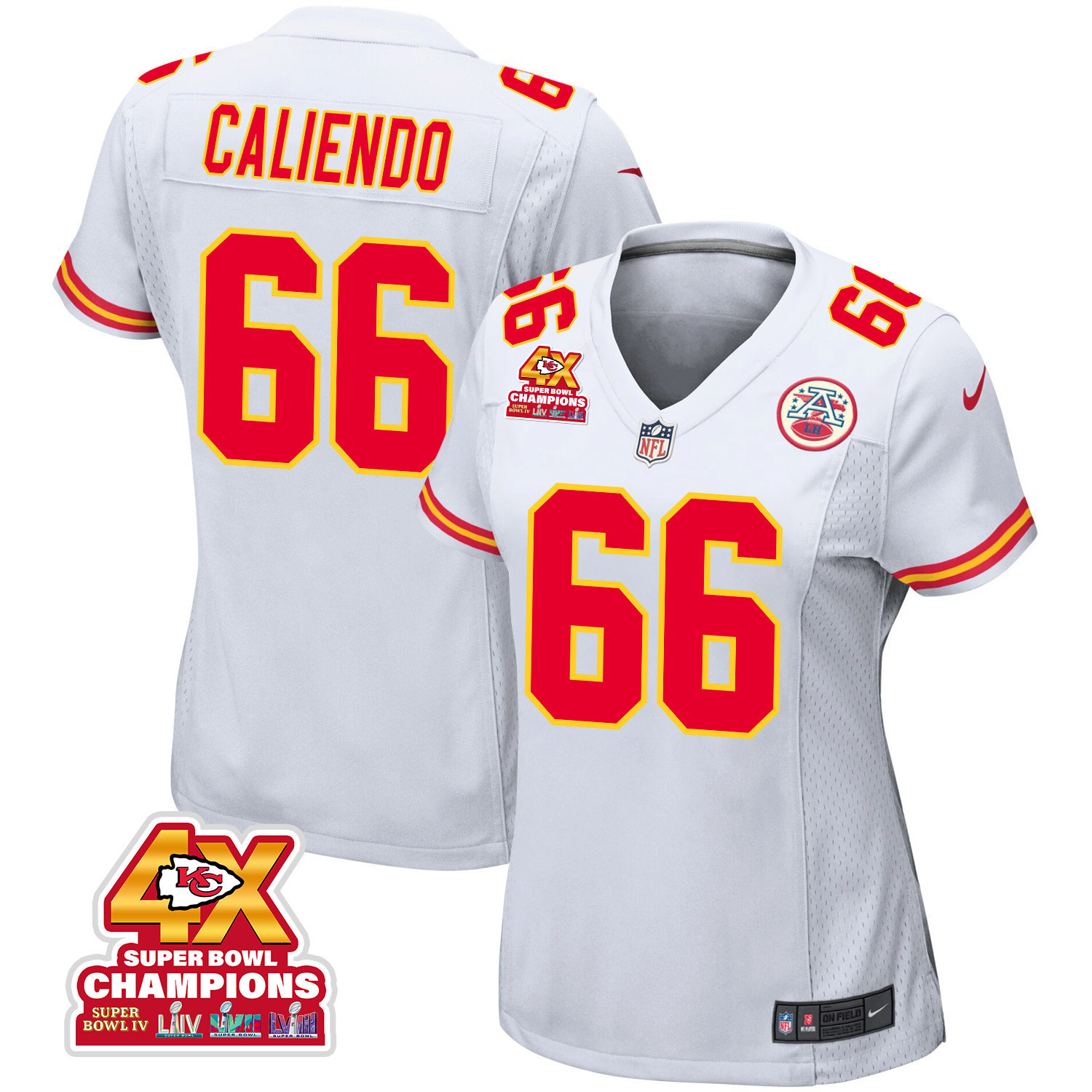 Mike Caliendo #66 Kansas City Chiefs Super Bowl LVIII Champions 4X Game Jersey - Women's | White