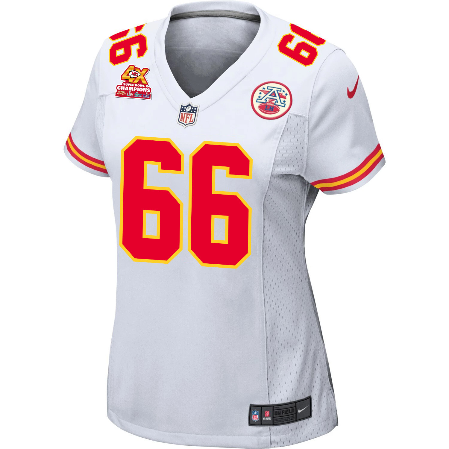 Alternative view of Mike Caliendo #66 Kansas City Chiefs Super Bowl LVIII Champions 4X Game Jersey - Women's | White