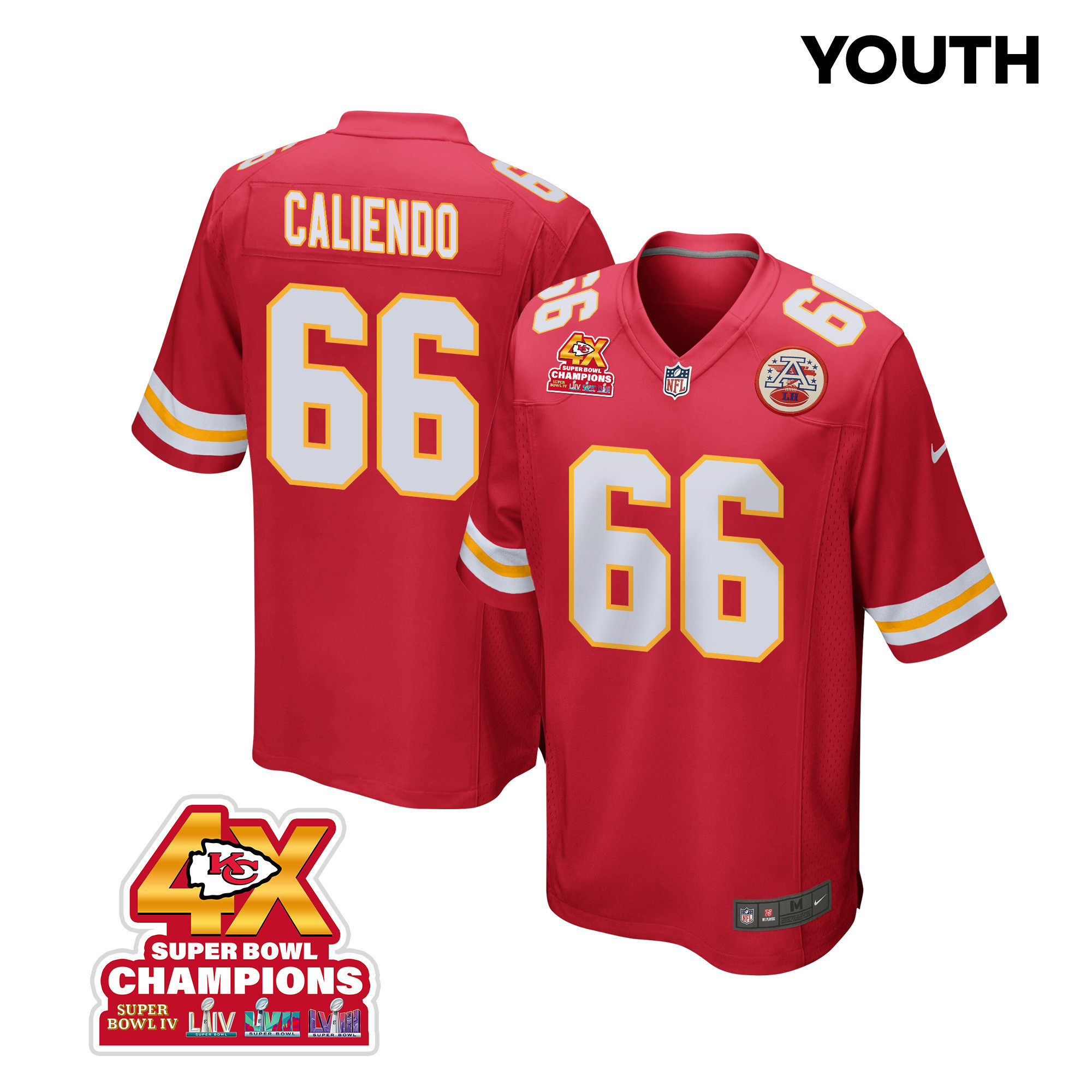 Mike Caliendo #66 Kansas City Chiefs Super Bowl LVIII Champions 4X Game Jersey - Youth | Red