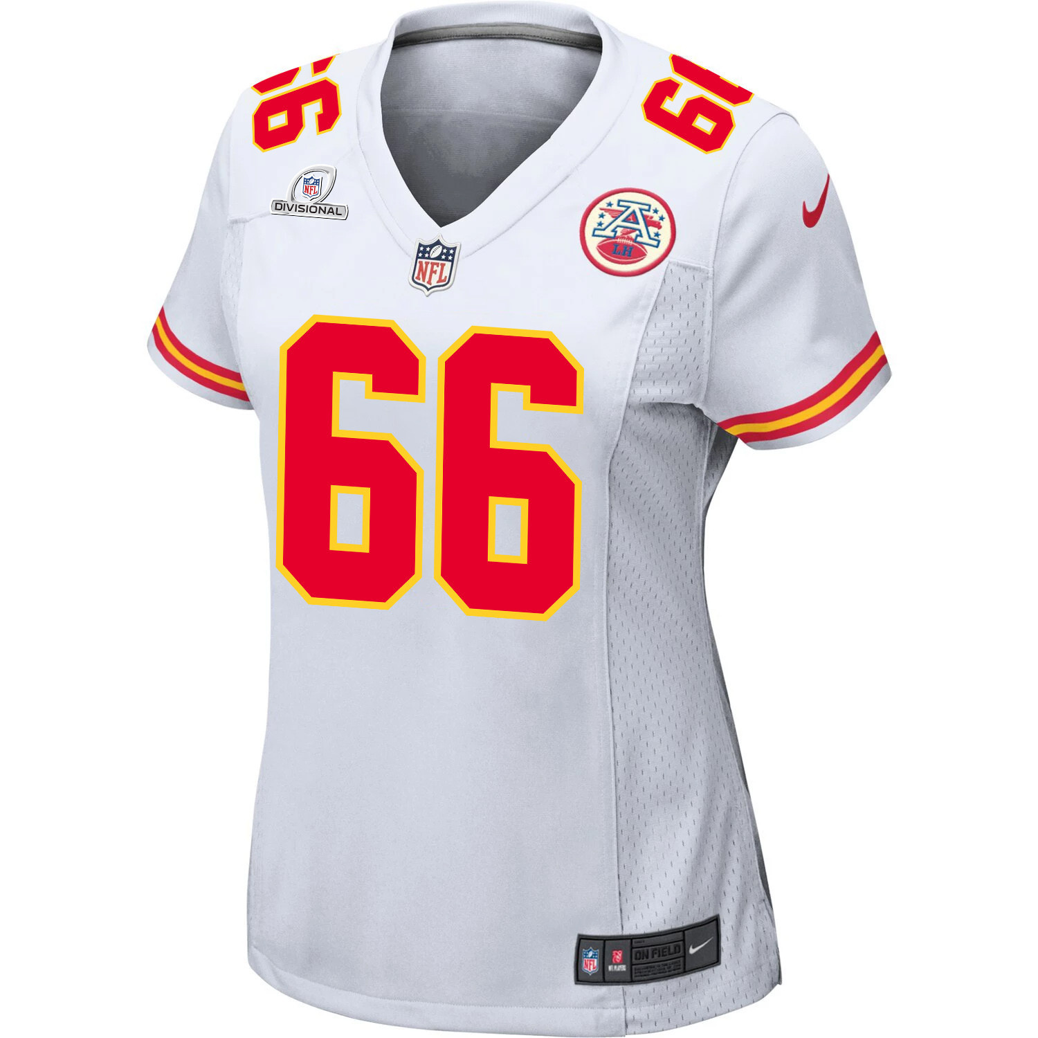 Alternative view of Mike Caliendo #66 Kansas City Chiefs Super Bowl LVIII Patch Game Jersey - Women's | White
