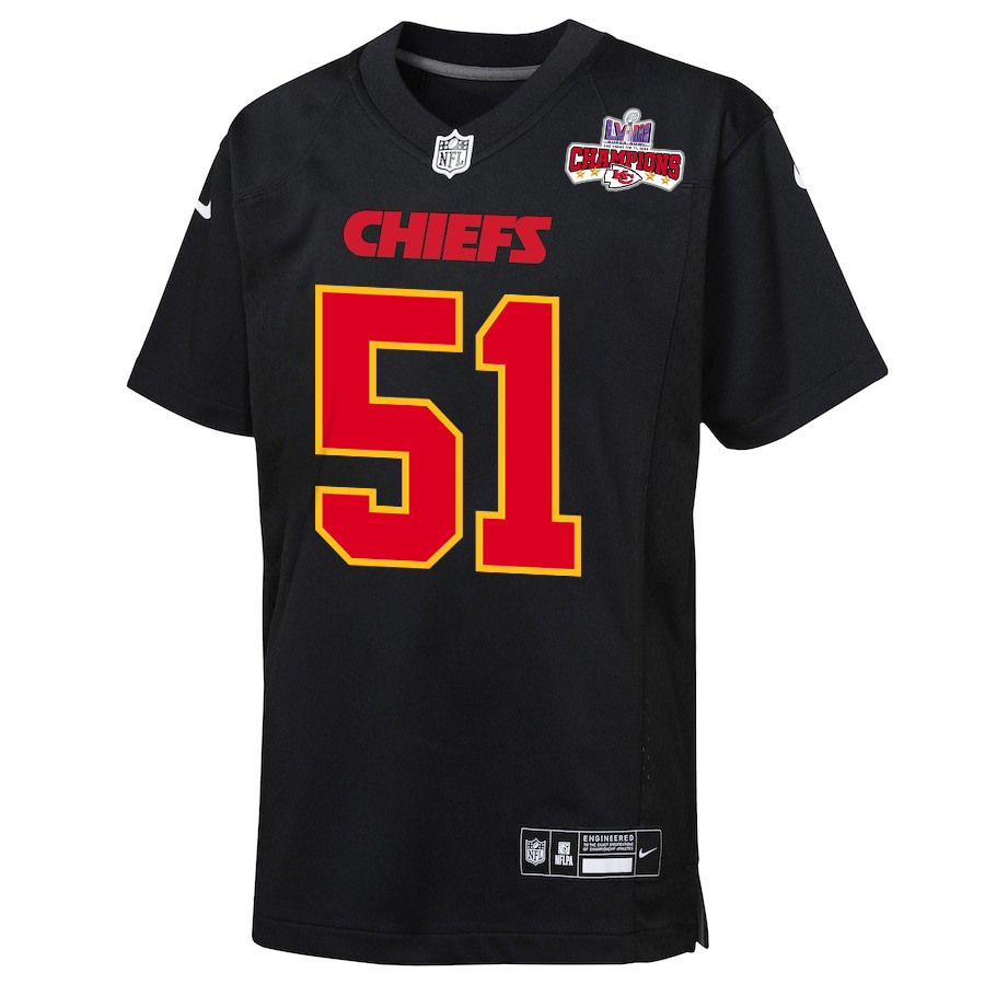 Alternative view of Mike Danna #51 Kansas City Chiefs Super Bowl LVIII Champions 4 Stars Patch Game Jersey - Youth | Carbon Black