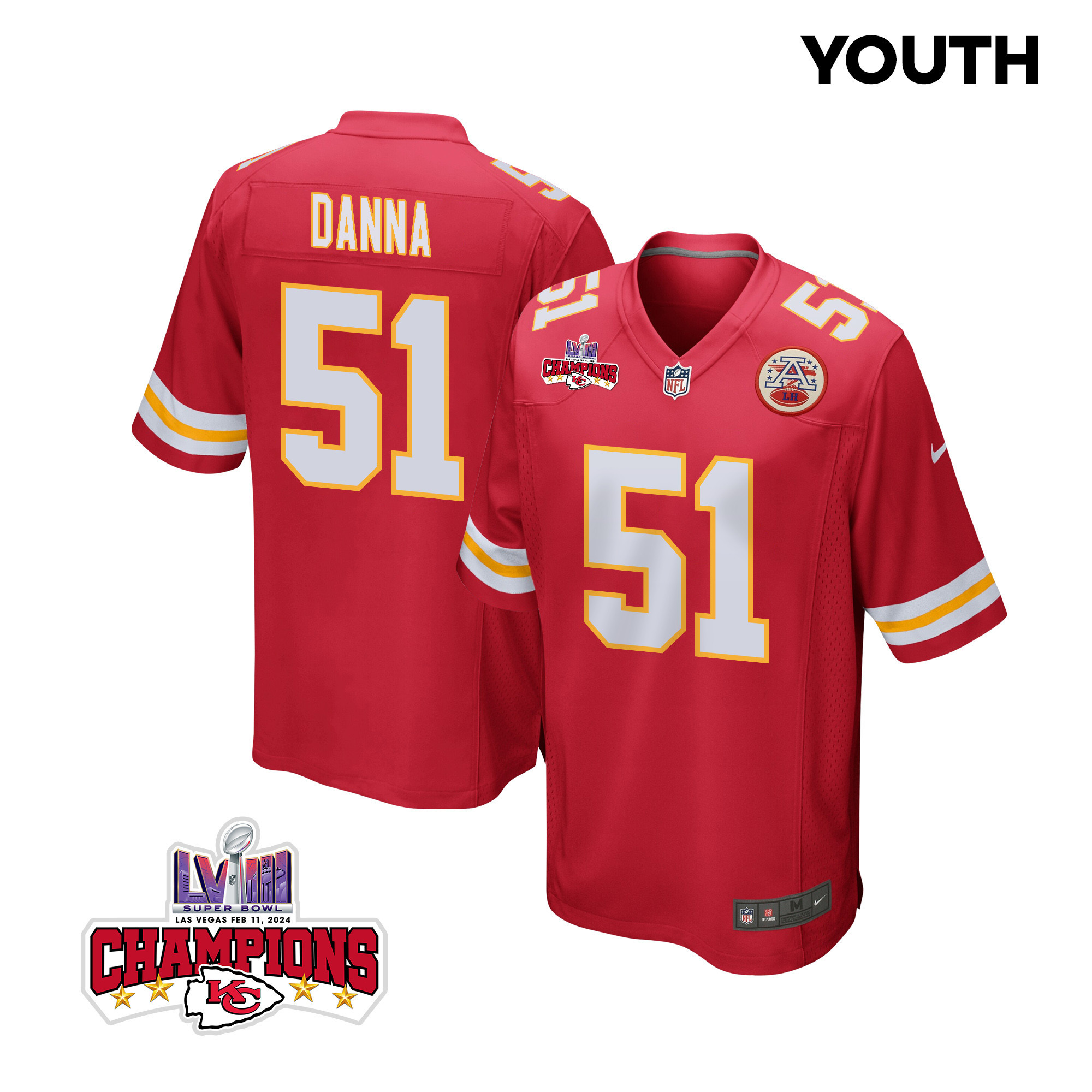 Mike Danna #51 Kansas City Chiefs Super Bowl LVIII Champions 4 Stars Patch Game Jersey - Youth | Red