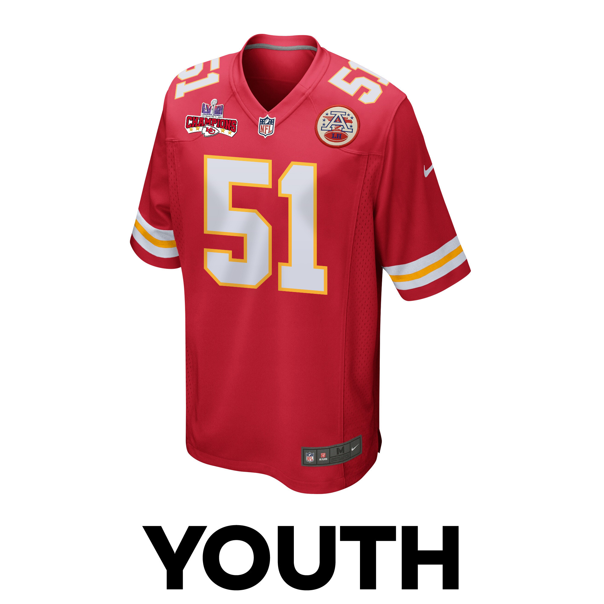 Alternative view of Mike Danna #51 Kansas City Chiefs Super Bowl LVIII Champions 4 Stars Patch Game Jersey - Youth | Red