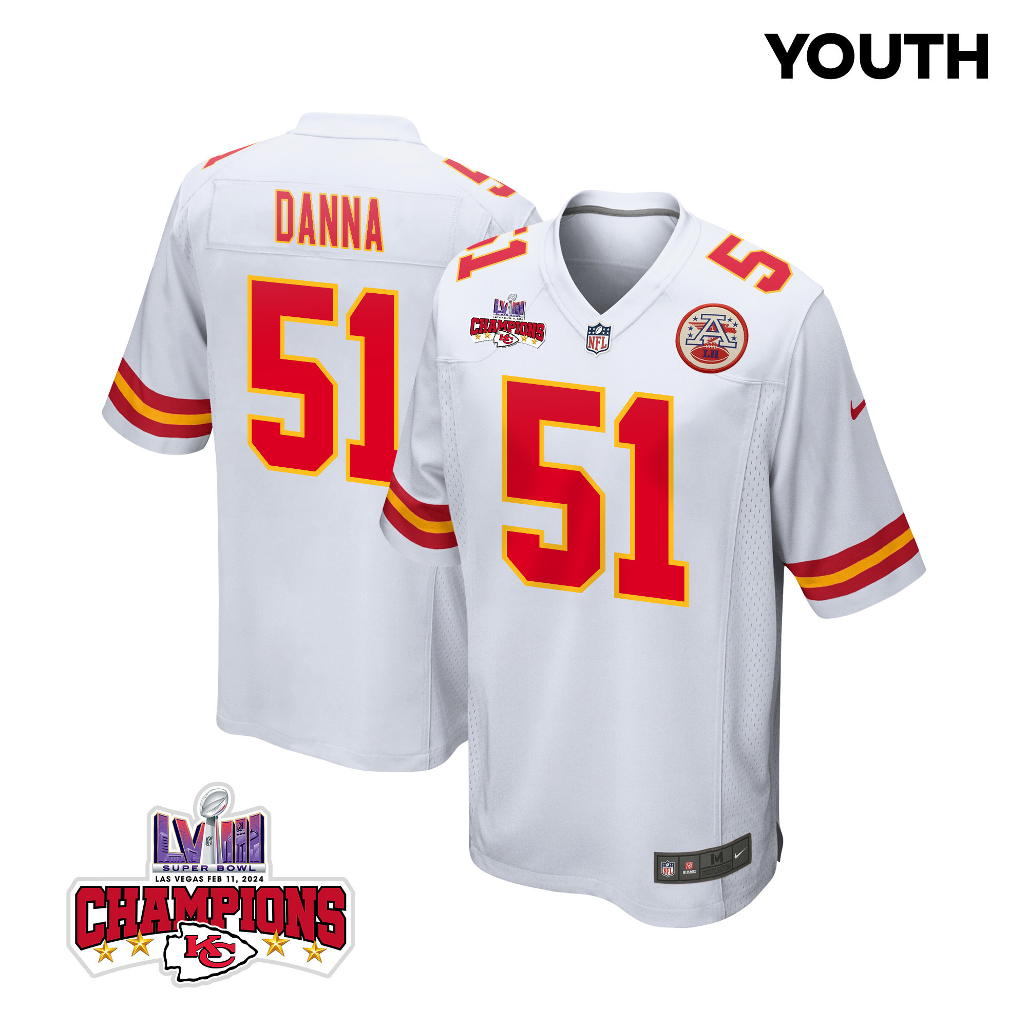 Mike Danna #51 Kansas City Chiefs Super Bowl LVIII Champions 4 Stars Patch Game Jersey - Youth | White