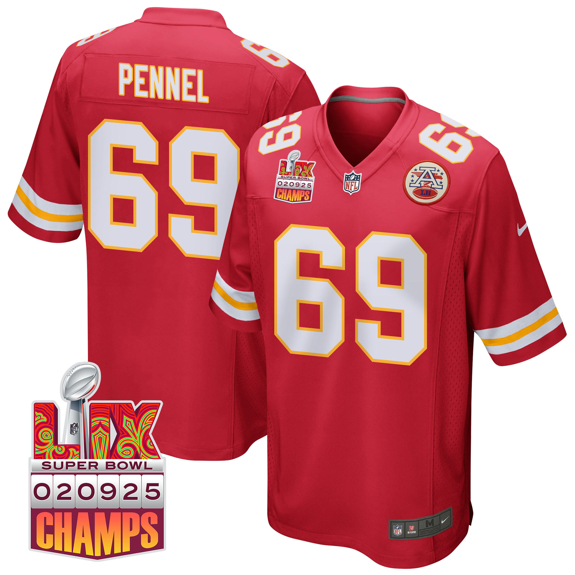 Mike Pennel #69 Kansas City Chiefs Super Bowl LIX Champions Patch Game Jersey - Men's | Red
