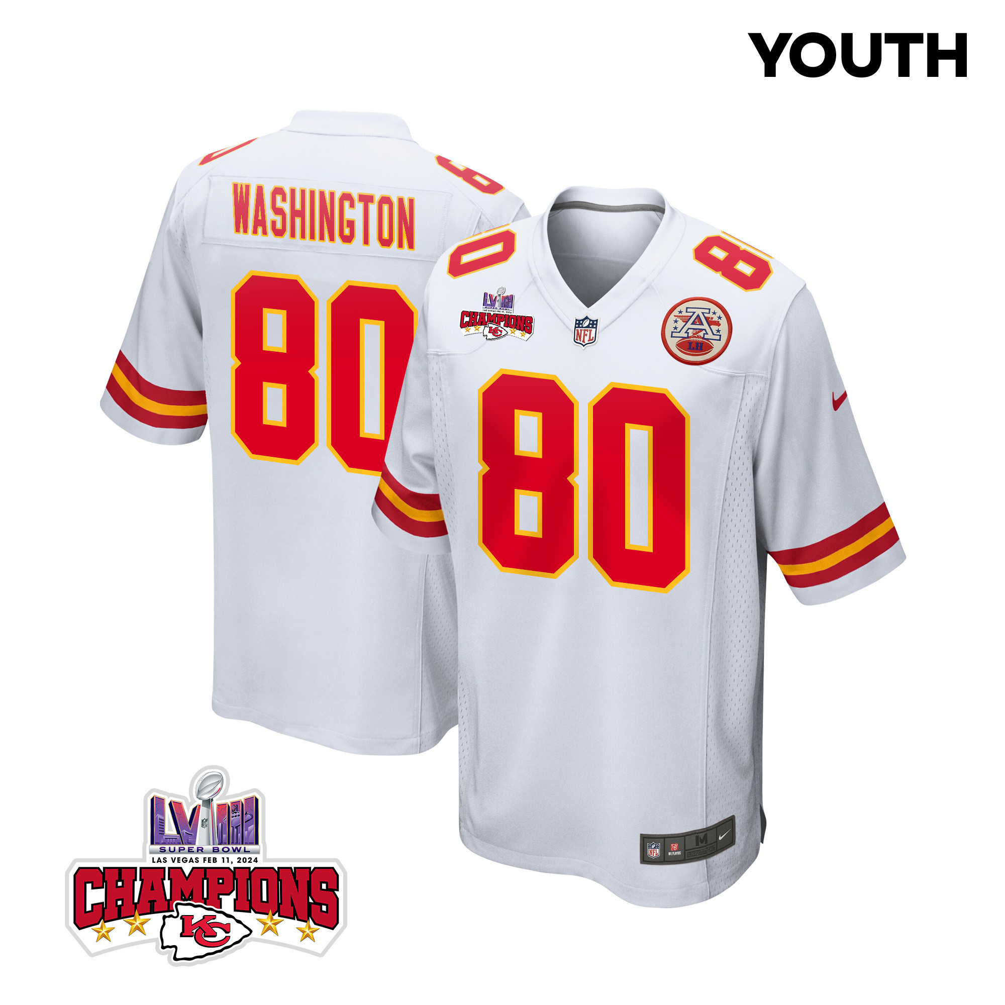 Montrell Washington #80 Kansas City Chiefs Super Bowl LVIII Champions 4 Stars Patch Game Jersey - Youth | White