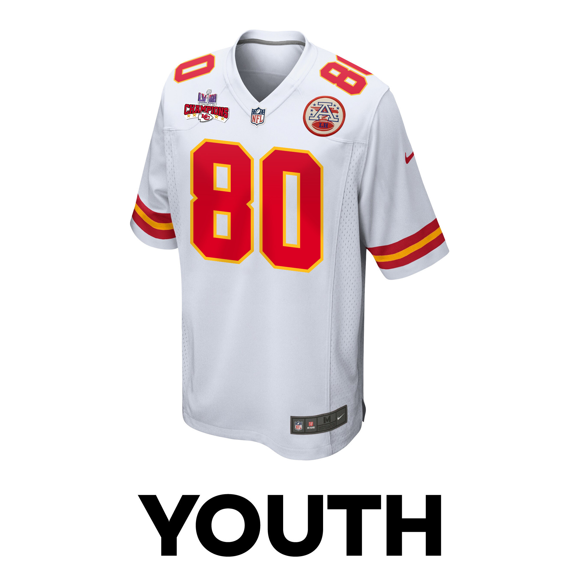 Alternative view of Montrell Washington #80 Kansas City Chiefs Super Bowl LVIII Champions 4 Stars Patch Game Jersey - Youth | White