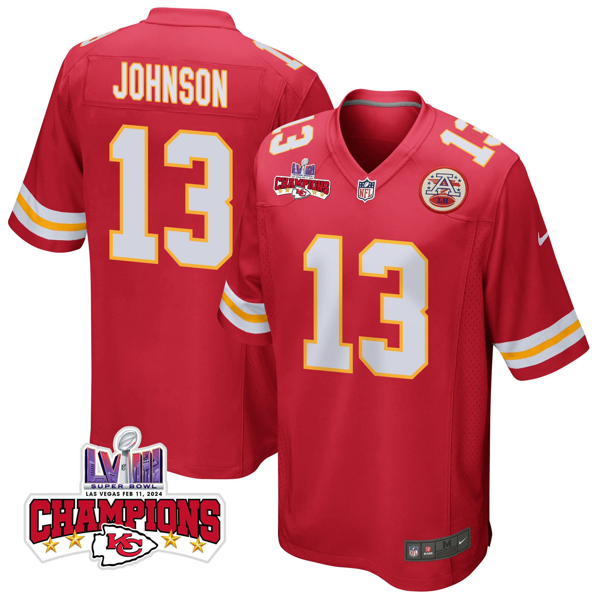 Nazeeh Johnson #13 Kansas City Chiefs Super Bowl LVIII Champions 4 Stars Patch Game Jersey - Men's | Red