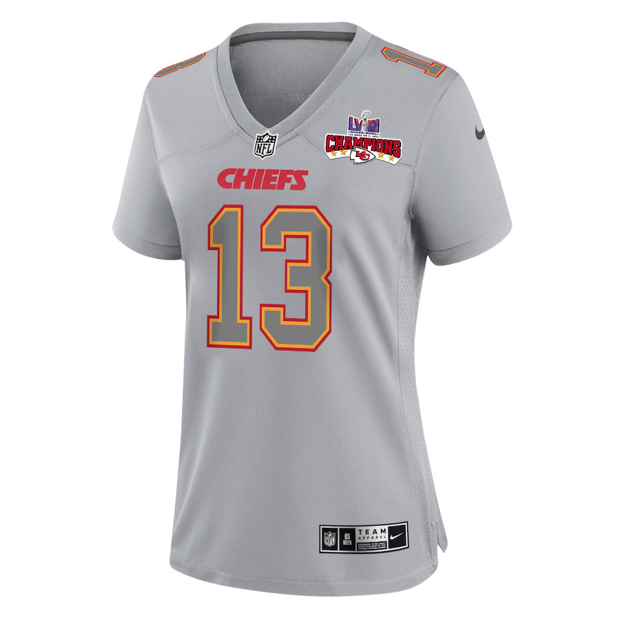 Alternative view of Nazeeh Johnson #13 Kansas City Chiefs Super Bowl LVIII Champions 4 Stars Patch Game Jersey - Women's | Gray
