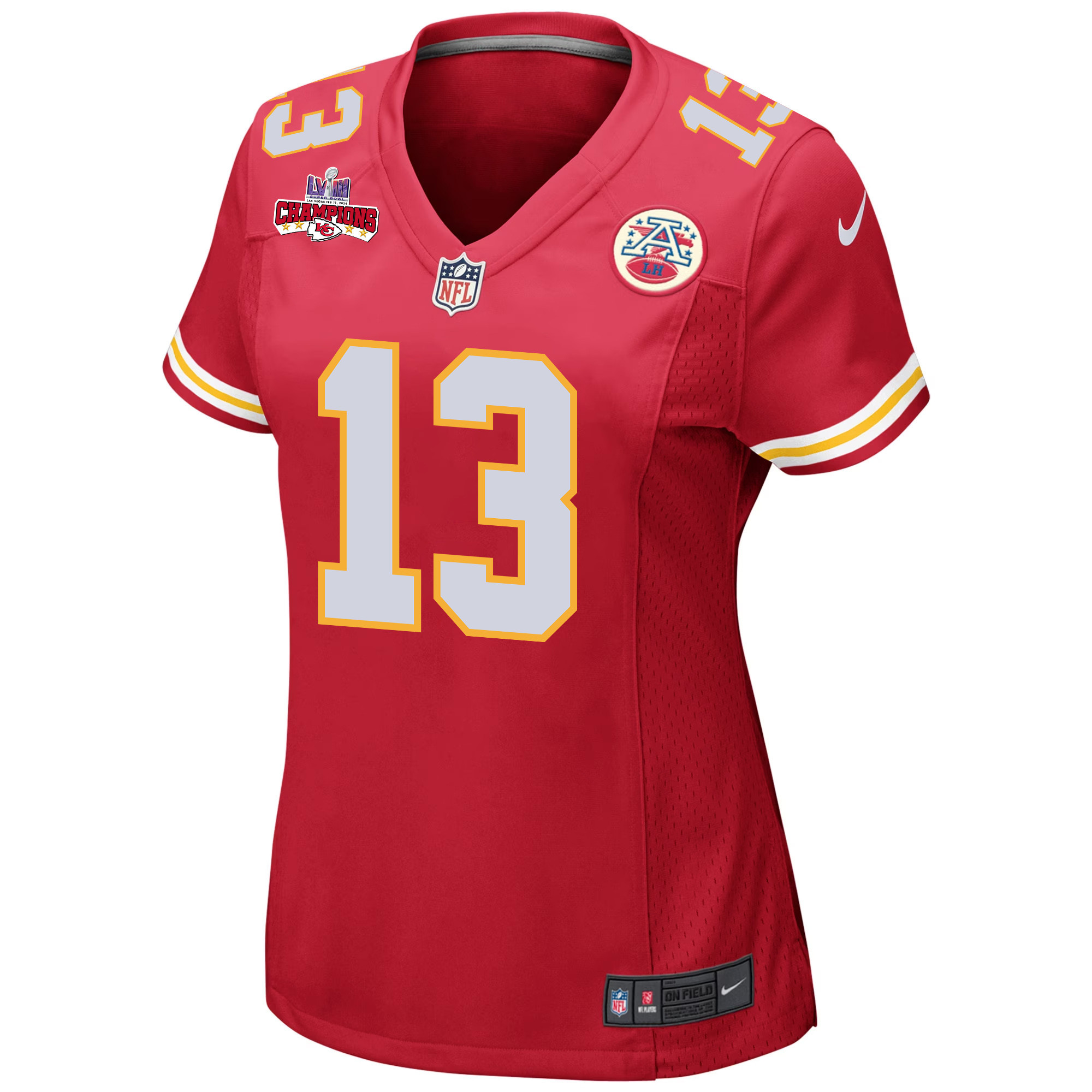 Alternative view of Nazeeh Johnson #13 Kansas City Chiefs Super Bowl LVIII Champions 4 Stars Patch Game Jersey - Women's | Red