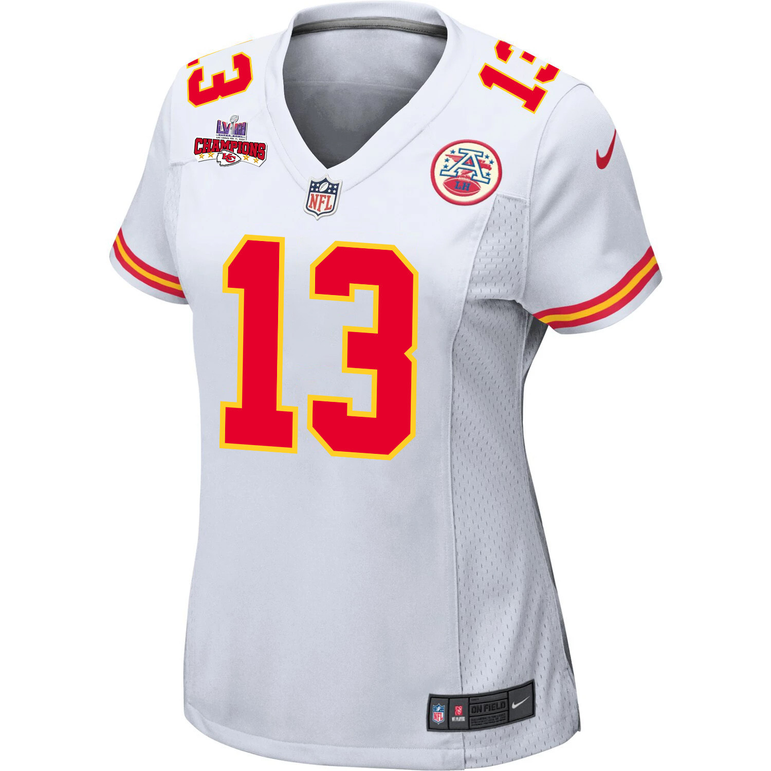 Alternative view of Nazeeh Johnson #13 Kansas City Chiefs Super Bowl LVIII Champions 4 Stars Patch Game Jersey - Women's | White
