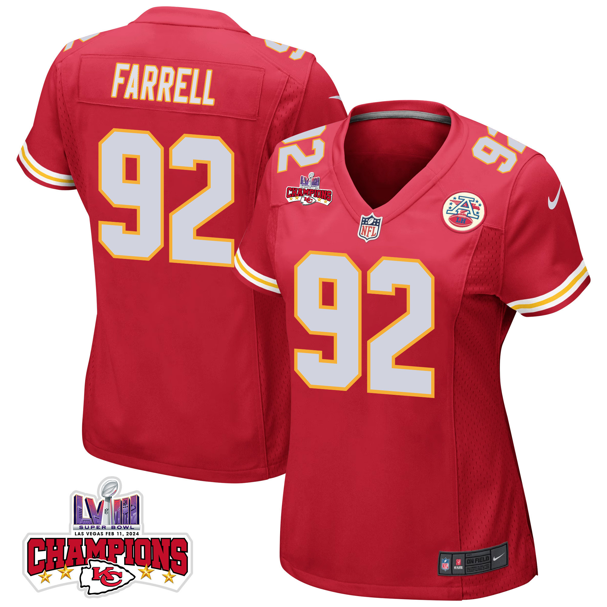 Neil Farrell #92 Kansas City Chiefs Super Bowl LVIII Champions 4 Stars Patch Game Jersey - Women's | Red