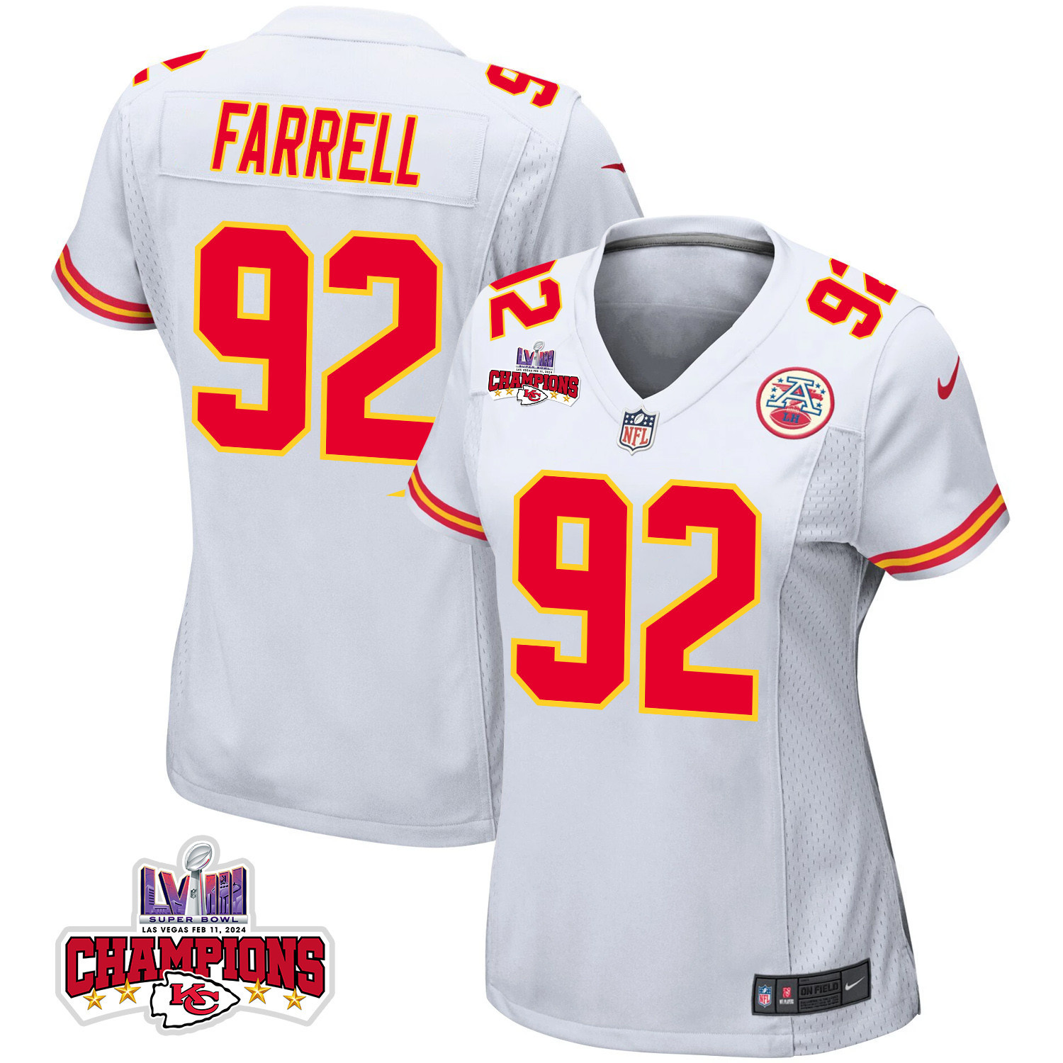 Neil Farrell #92 Kansas City Chiefs Super Bowl LVIII Champions 4 Stars Patch Game Jersey - Women's | White