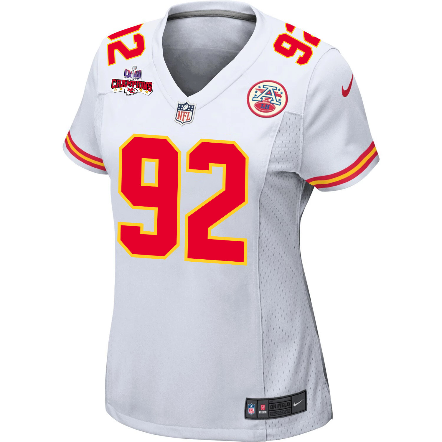Alternative view of Neil Farrell #92 Kansas City Chiefs Super Bowl LVIII Champions 4 Stars Patch Game Jersey - Women's | White