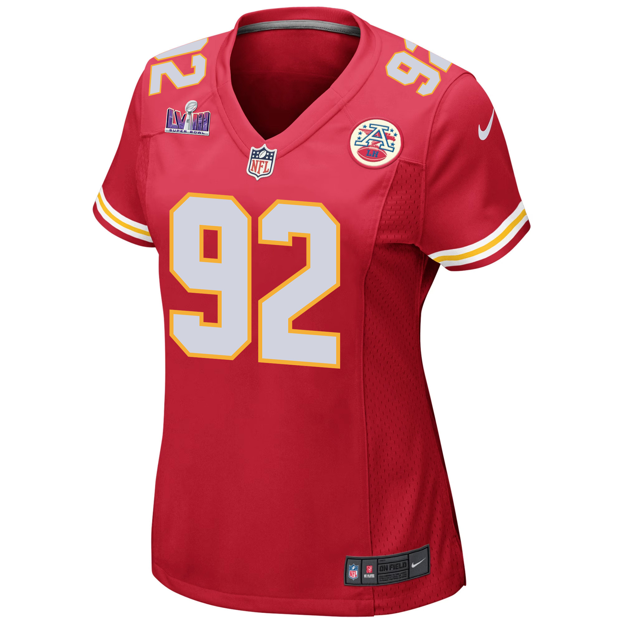Alternative view of Neil Farrell #92 Kansas City Chiefs Super Bowl LVIII Patch Game Jersey - Women's | Red
