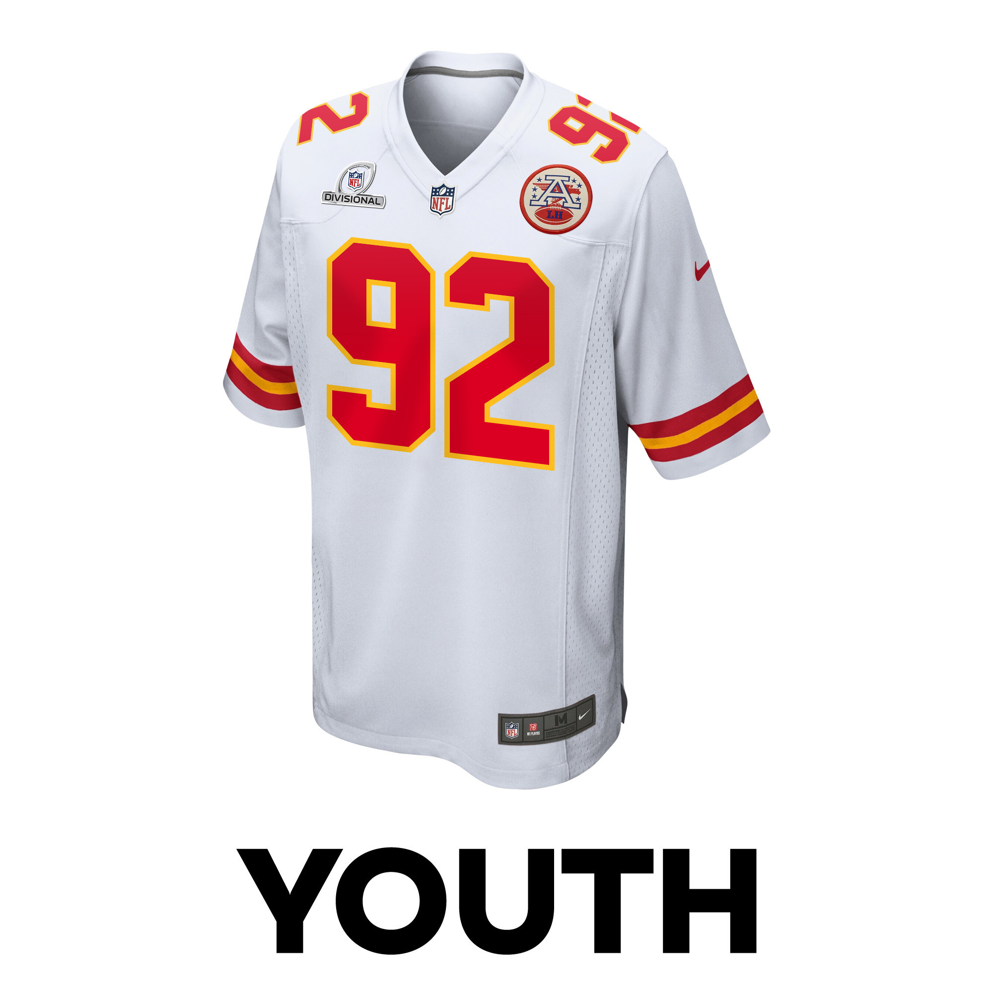 Alternative view of Neil Farrell #92 Kansas City Chiefs Super Bowl LVIII Patch Game Jersey - Youth | White