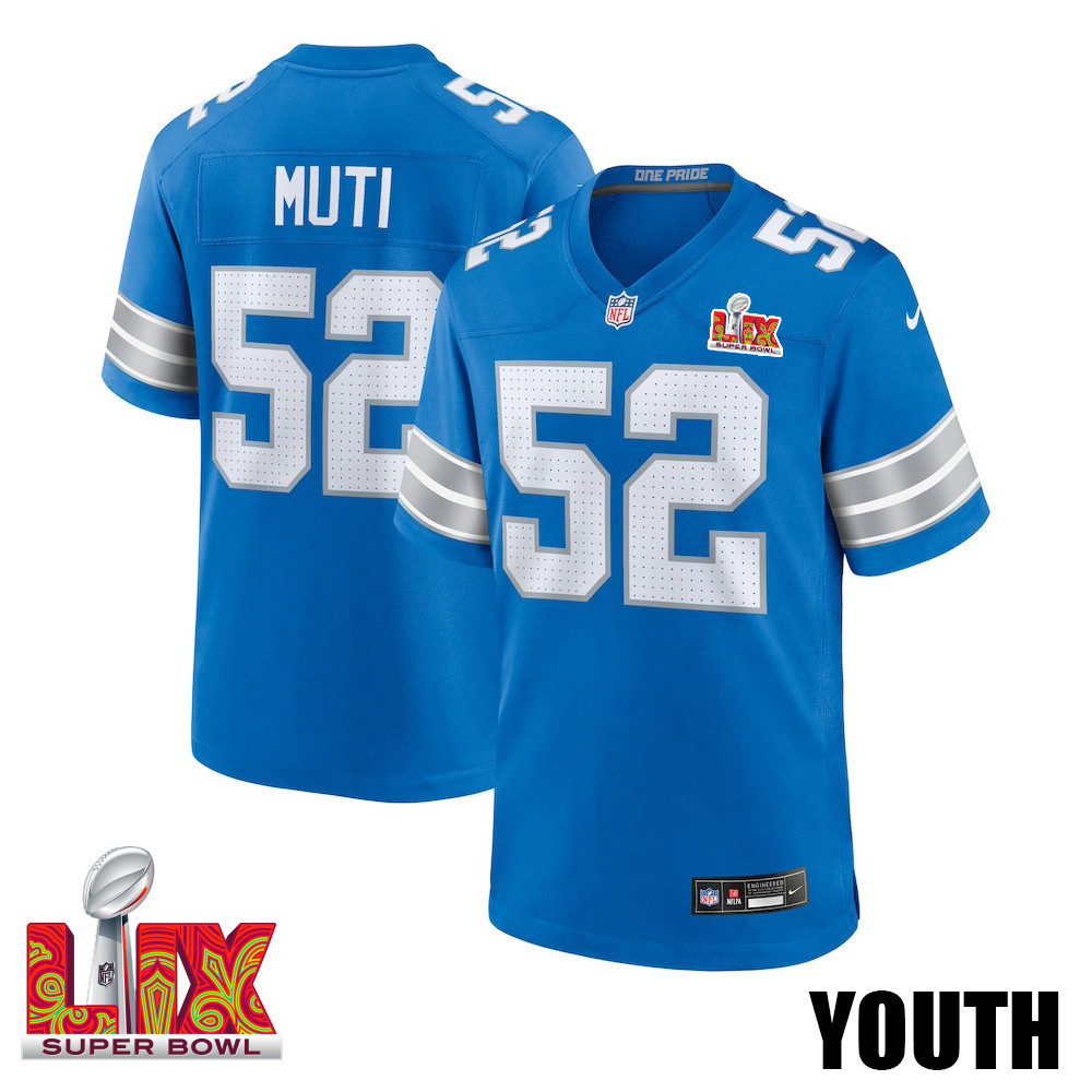 Netane Muti #52 Detroit Lions Super Bowl LIX Game Jersey - Youth | Blue