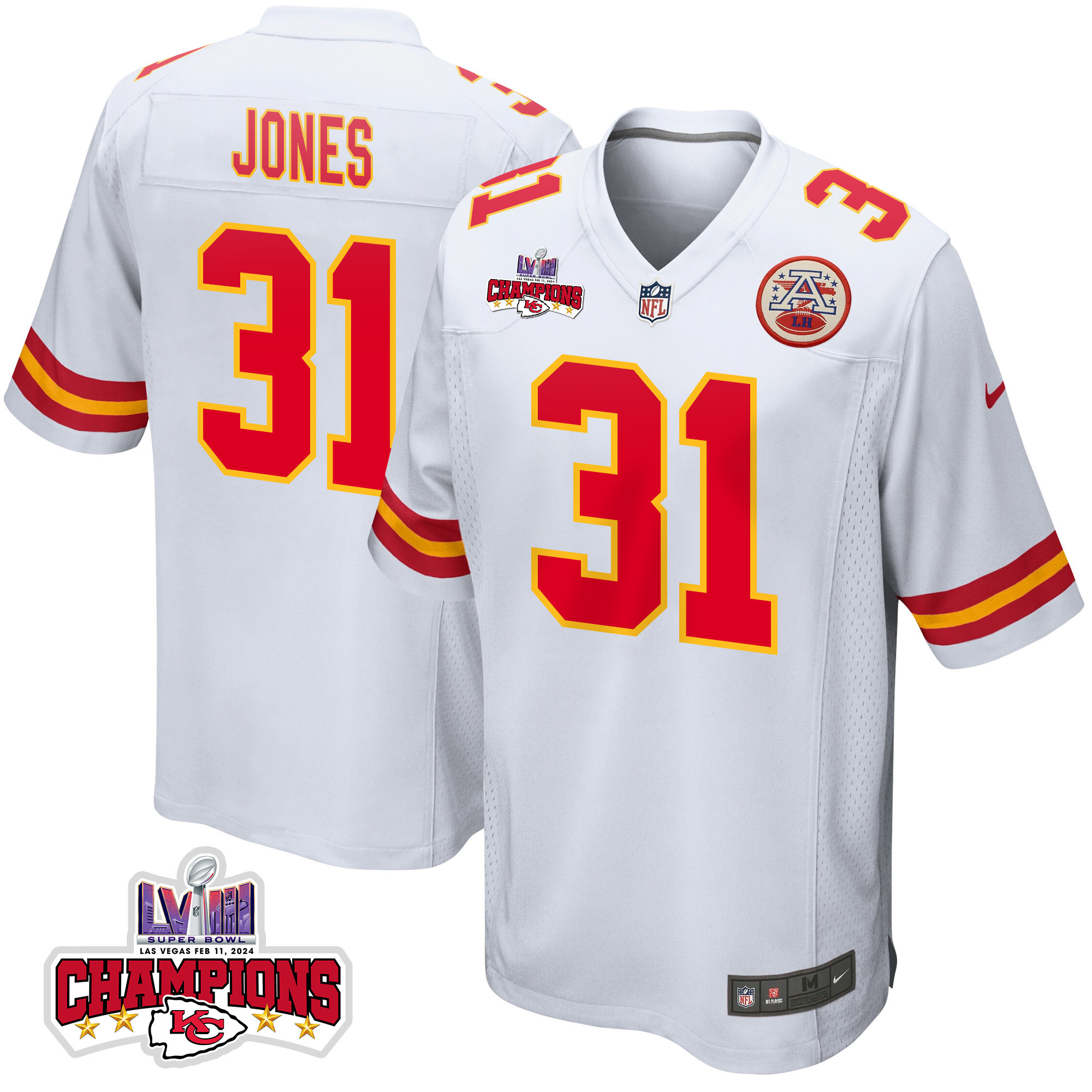 Nic Jones #31 Kansas City Chiefs Super Bowl LVIII Champions 4 Stars Patch Game Jersey - Men's | White