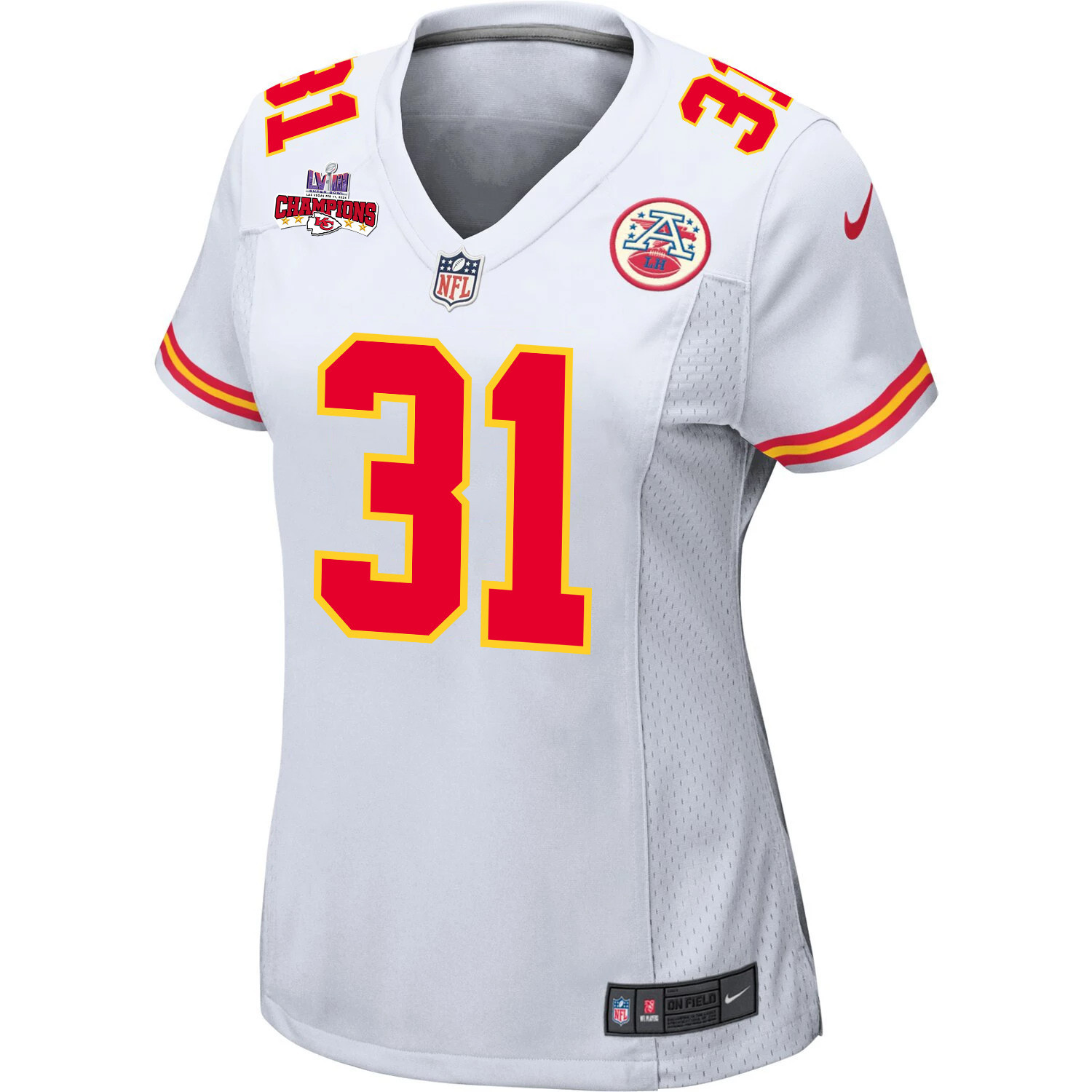 Alternative view of Nic Jones #31 Kansas City Chiefs Super Bowl LVIII Champions 4 Stars Patch Game Jersey - Women's | White