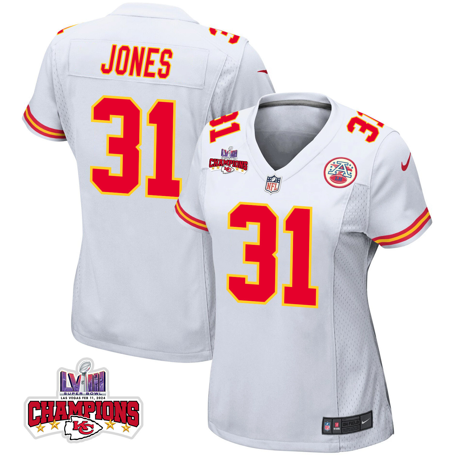 Nic Jones #31 Kansas City Chiefs Super Bowl LVIII Champions 4 Stars Patch Game Jersey - Women's | White