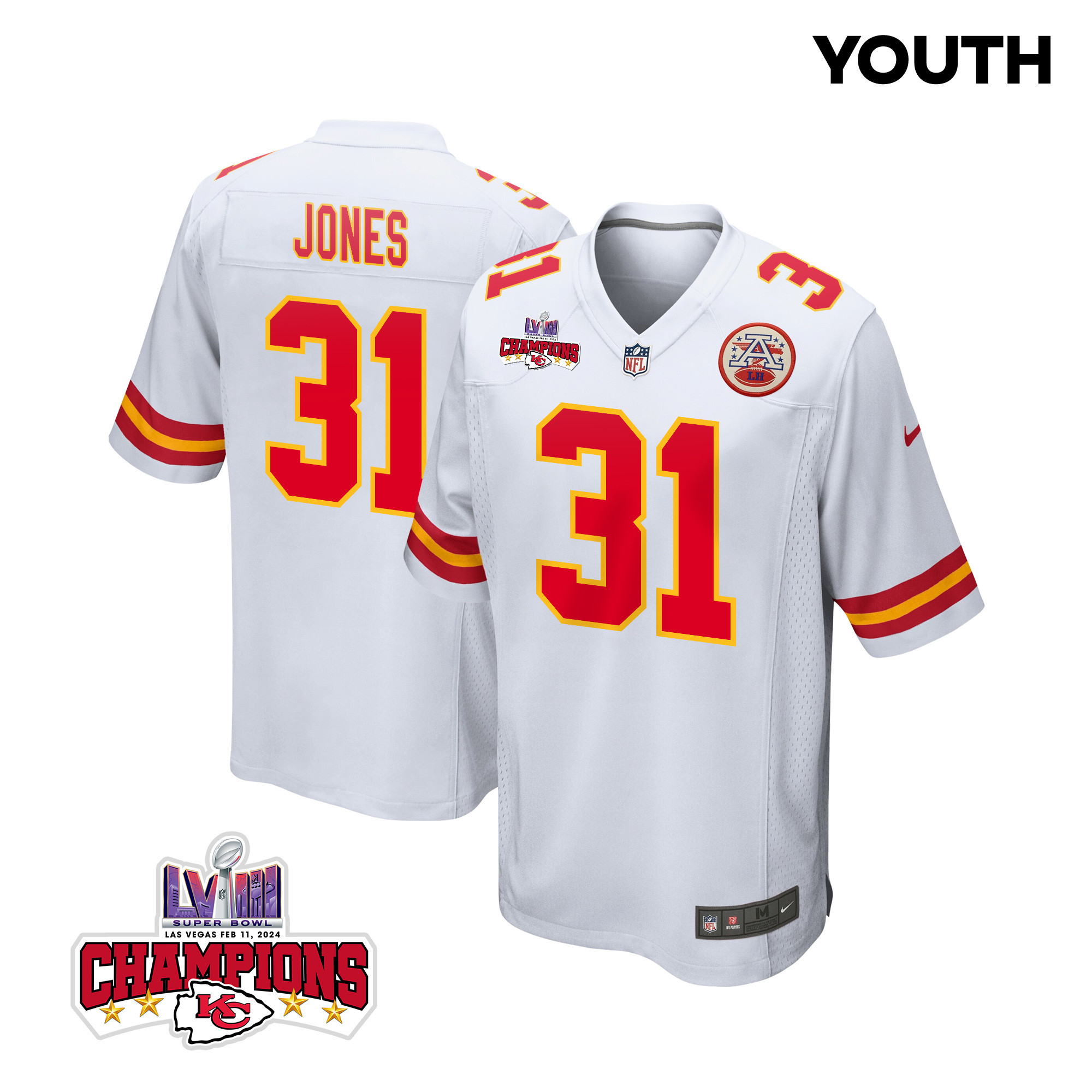 Nic Jones #31 Kansas City Chiefs Super Bowl LVIII Champions 4 Stars Patch Game Jersey - Youth | White