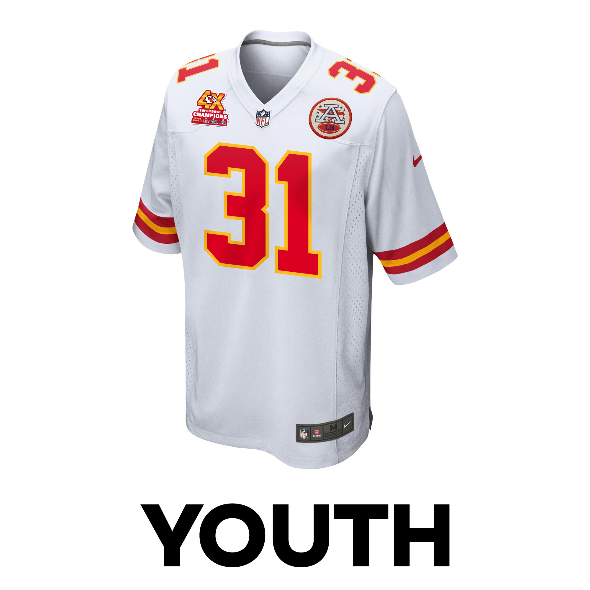 Alternative view of Nic Jones #31 Kansas City Chiefs Super Bowl LVIII Champions 4X Game Jersey - Youth | White