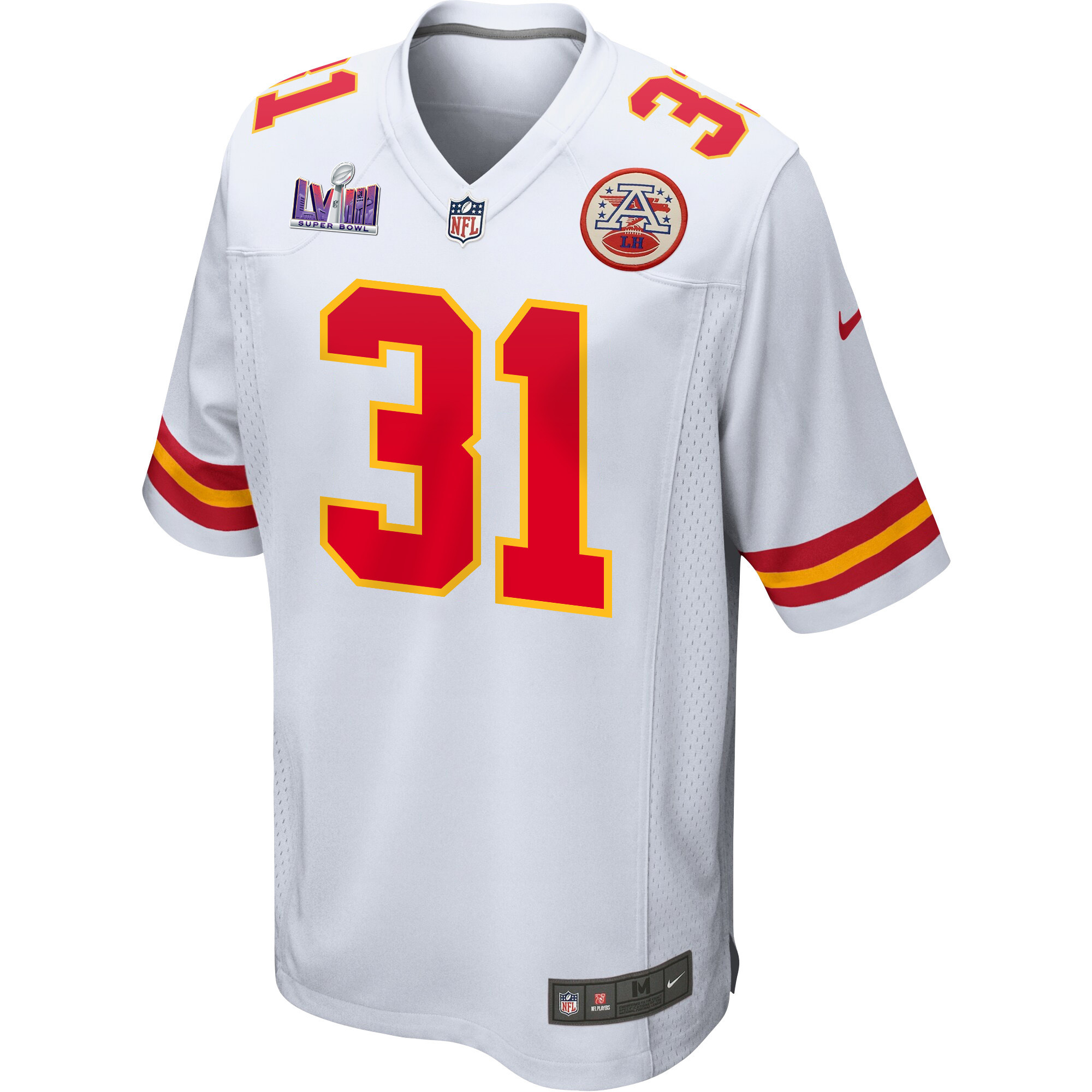 Alternative view of Nic Jones #31 Kansas City Chiefs Super Bowl LVIII Patch Game Jersey - Men's | White