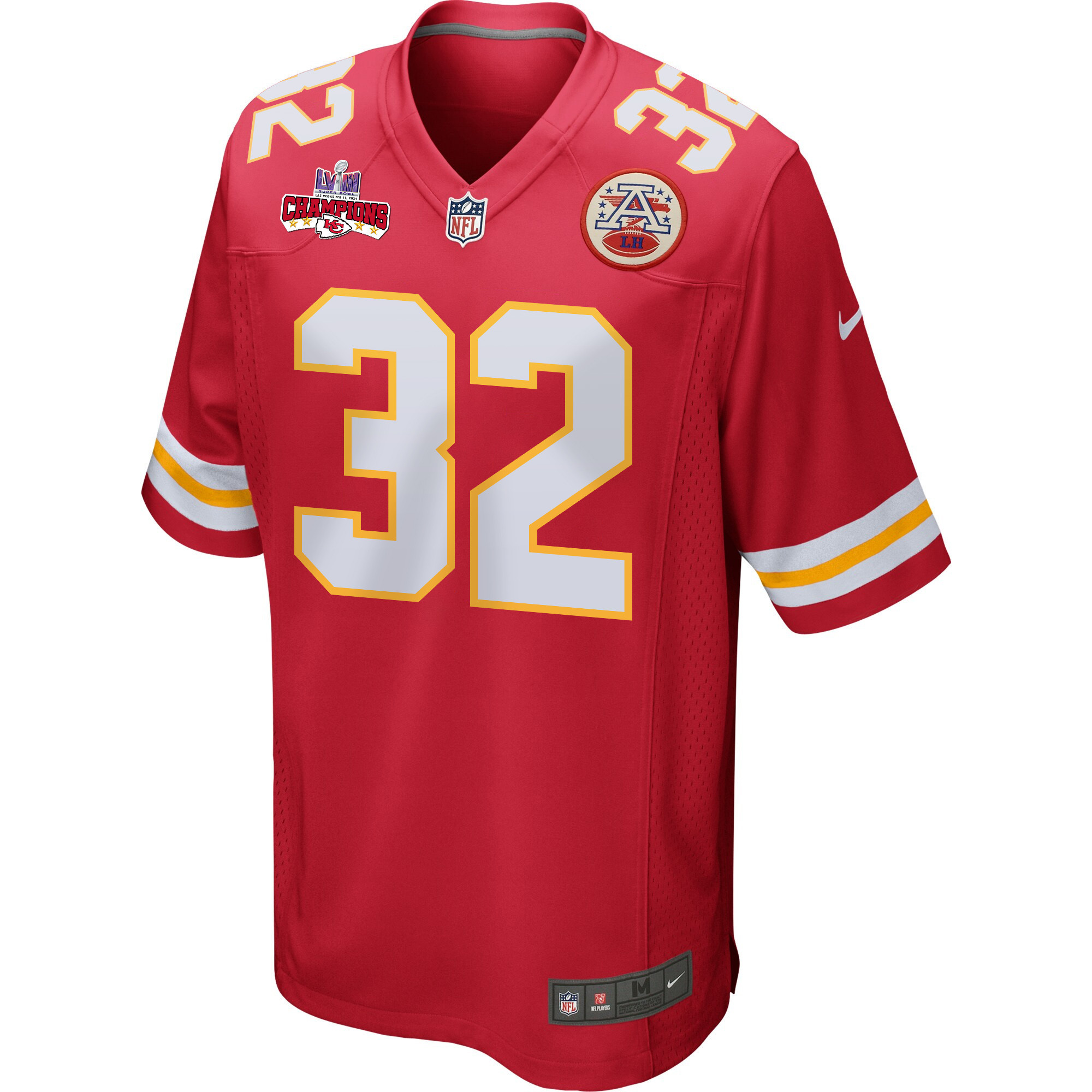 Alternative view of Nick Bolton #32 Kansas City Chiefs Super Bowl LVIII Champions 4 Stars Patch Game Jersey - Men's | Red