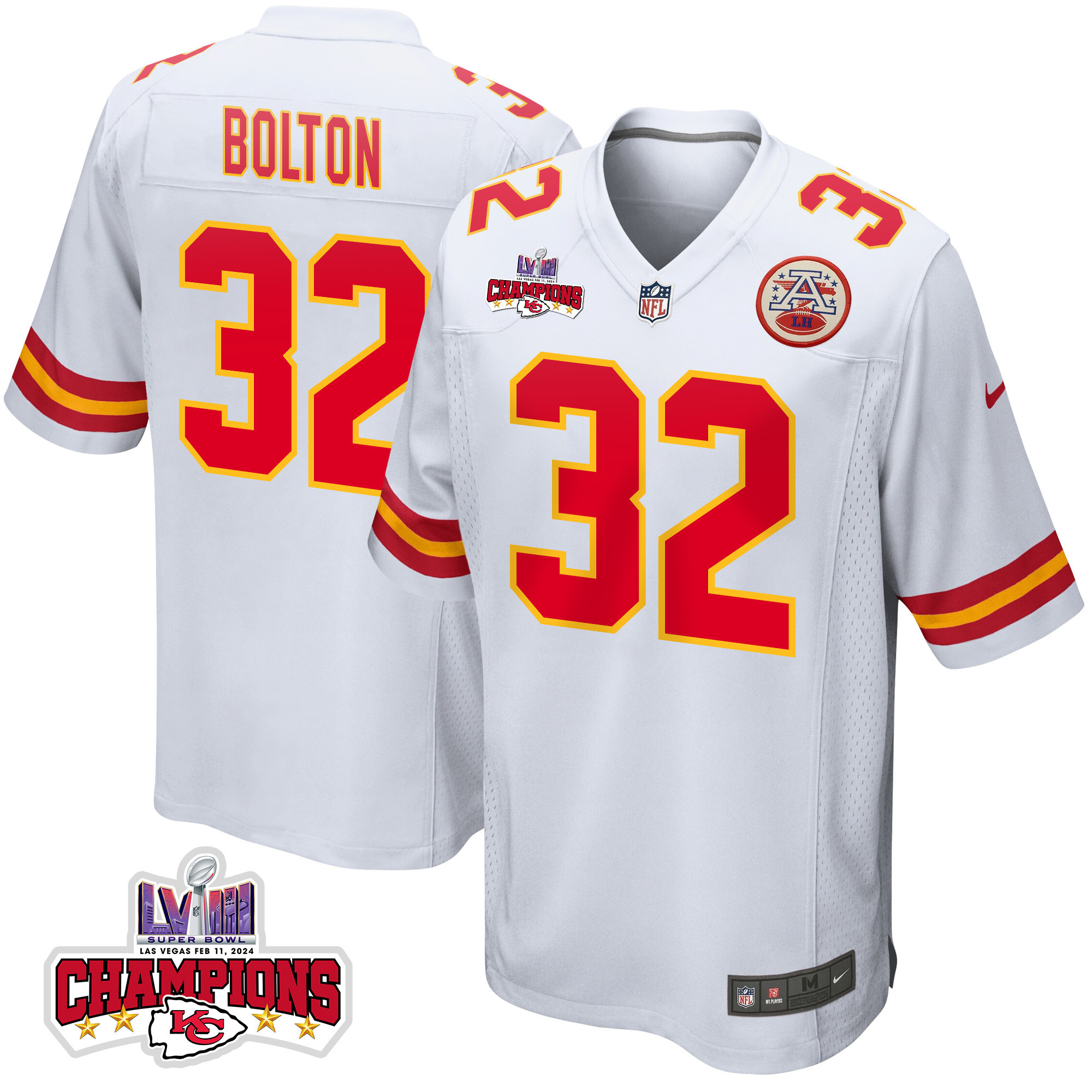 Nick Bolton #32 Kansas City Chiefs Super Bowl LVIII Champions 4 Stars Patch Game Jersey - Men's | White