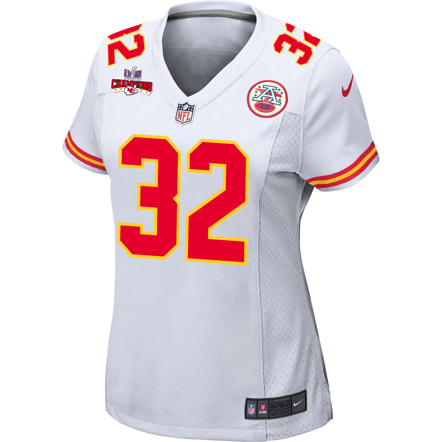 Alternative view of Nick Bolton #32 Kansas City Chiefs Super Bowl LVIII Champions 4 Stars Patch Game Jersey - Women's | White