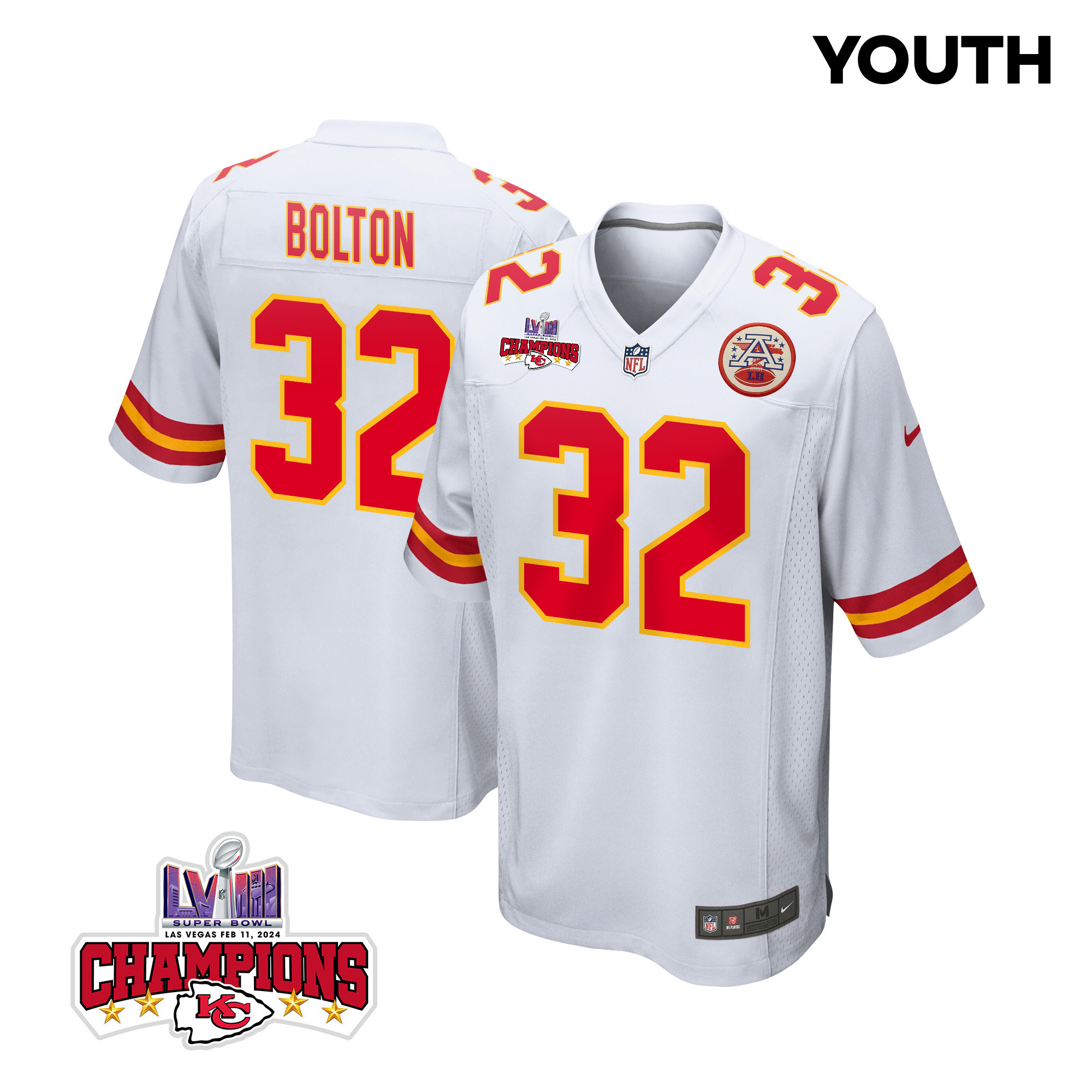 Nick Bolton #32 Kansas City Chiefs Super Bowl LVIII Champions 4 Stars Patch Game Jersey - Youth | White