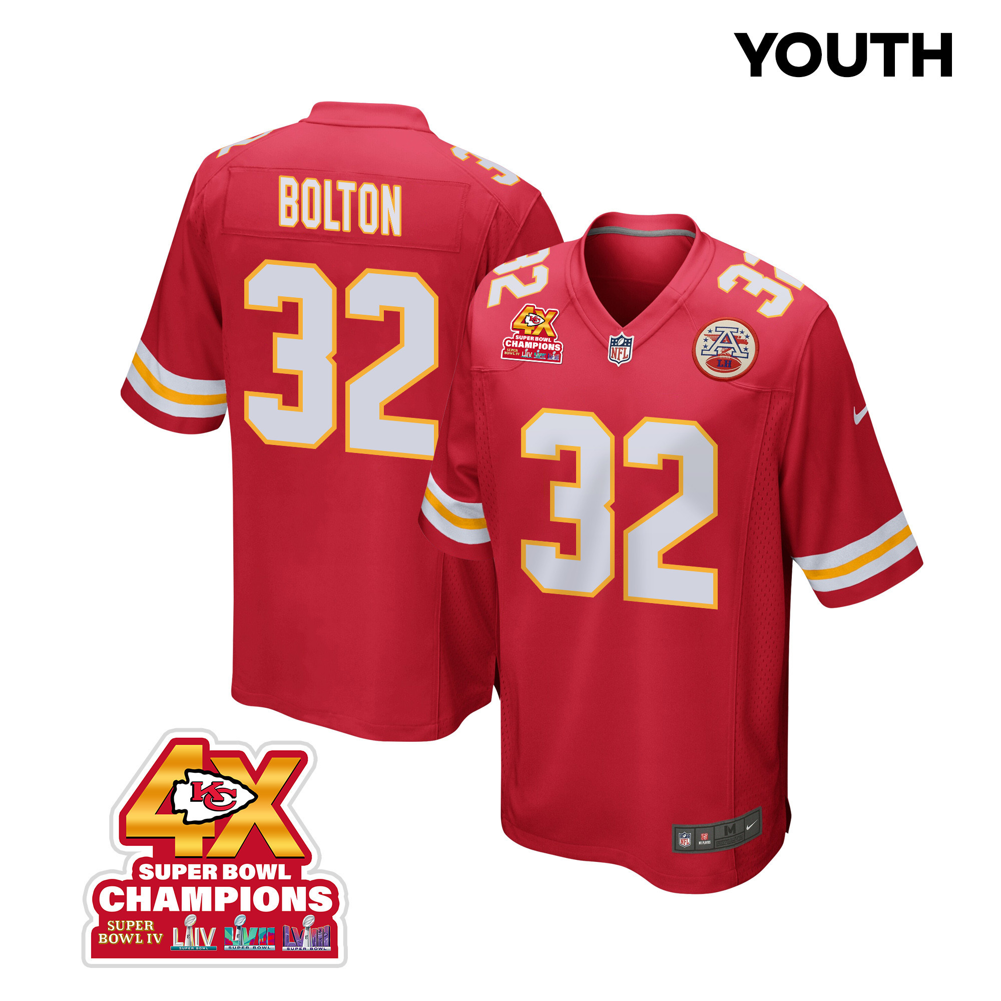 Nick Bolton #32 Kansas City Chiefs Super Bowl LVIII Champions 4X Game Jersey - Youth | Red
