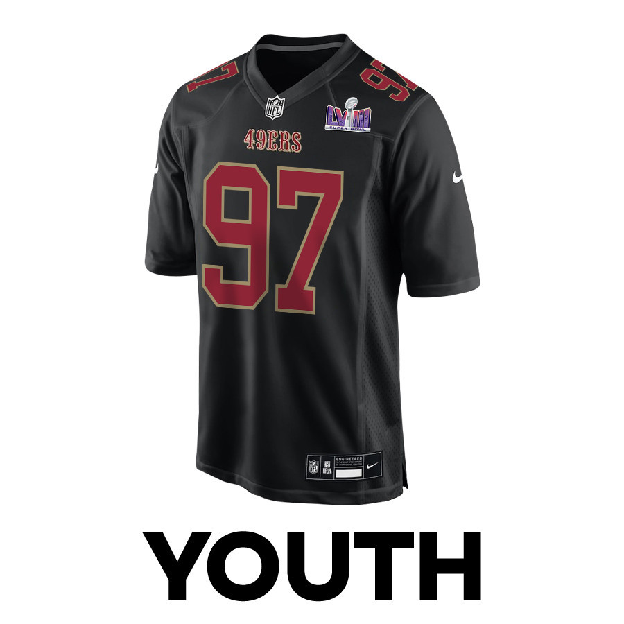 Alternative view of Nick Bosa #97 San Francisco 49ers Super Bowl LVIII Patch Game Jersey - Youth | Carbon Black