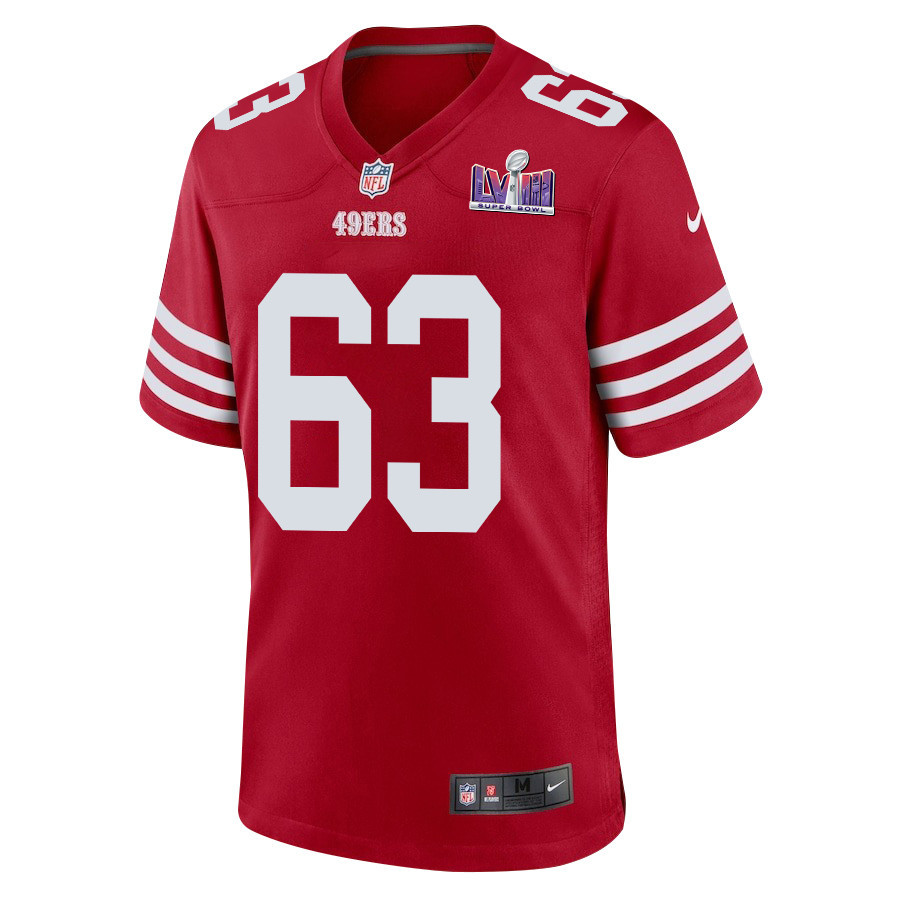 Alternative view of Nick Zakelj #63 San Francisco 49ers Super Bowl LVIII Patch Game Jersey - Men's | Scarlet