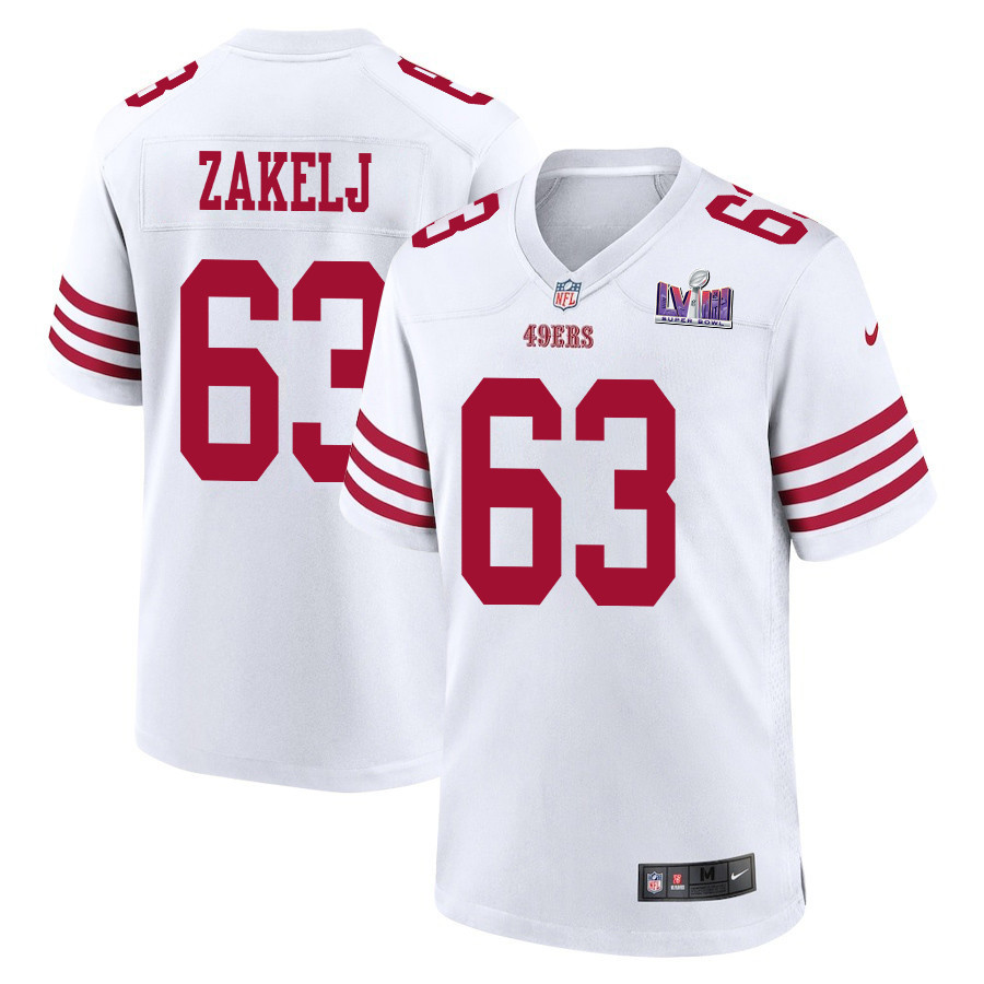 Nick Zakelj #63 San Francisco 49ers Super Bowl LVIII Patch Game Jersey - Men's | White