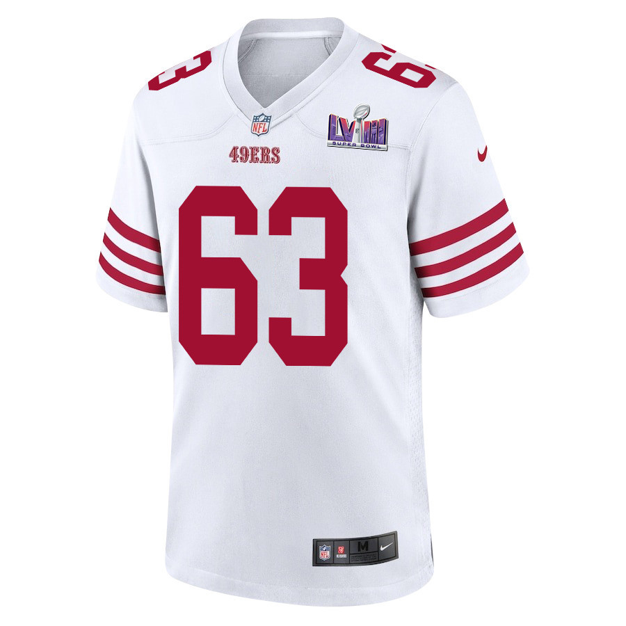 Alternative view of Nick Zakelj #63 San Francisco 49ers Super Bowl LVIII Patch Game Jersey - Men's | White