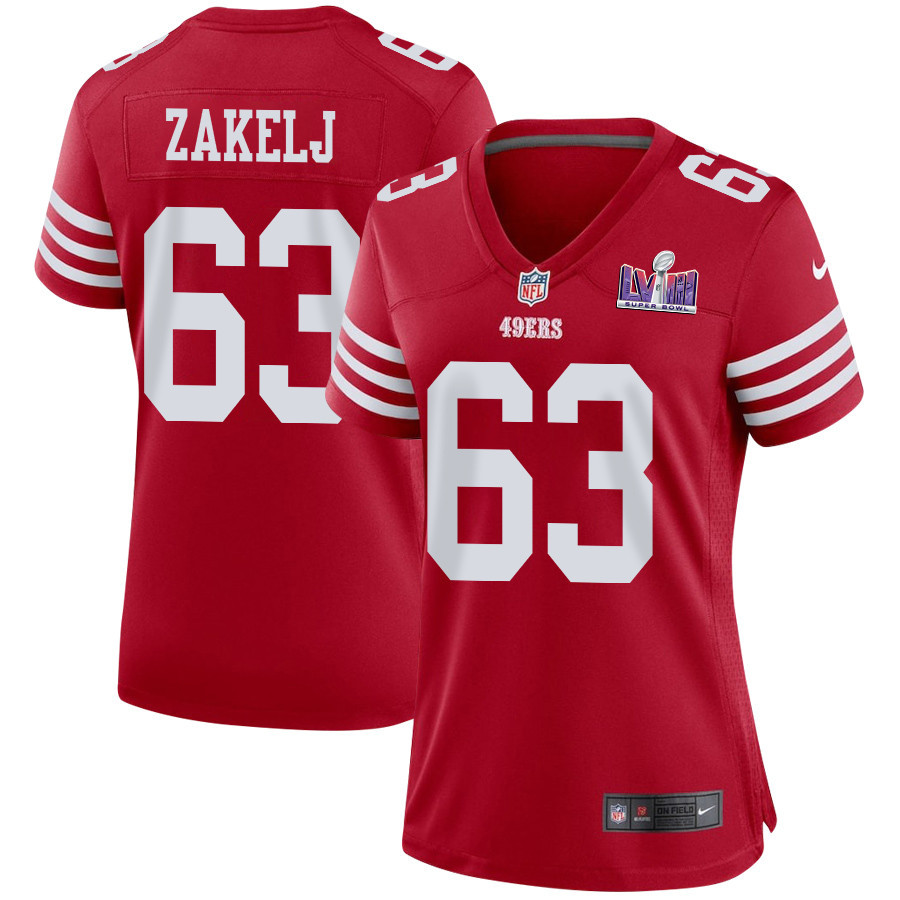 Nick Zakelj #63 San Francisco 49ers Super Bowl LVIII Patch Game Jersey - Women's | Scarlet