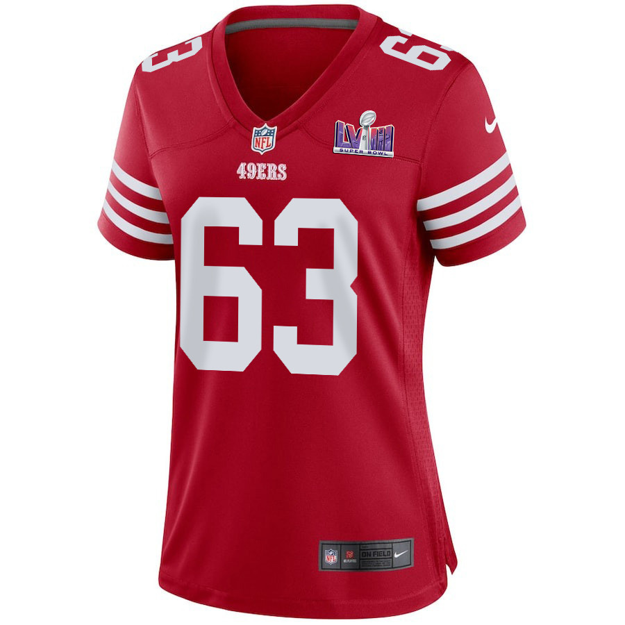 Alternative view of Nick Zakelj #63 San Francisco 49ers Super Bowl LVIII Patch Game Jersey - Women's | Scarlet