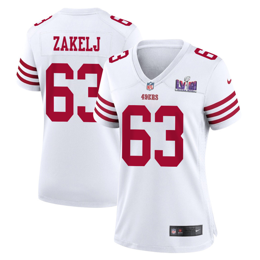 Nick Zakelj #63 San Francisco 49ers Super Bowl LVIII Patch Game Jersey - Women's | White
