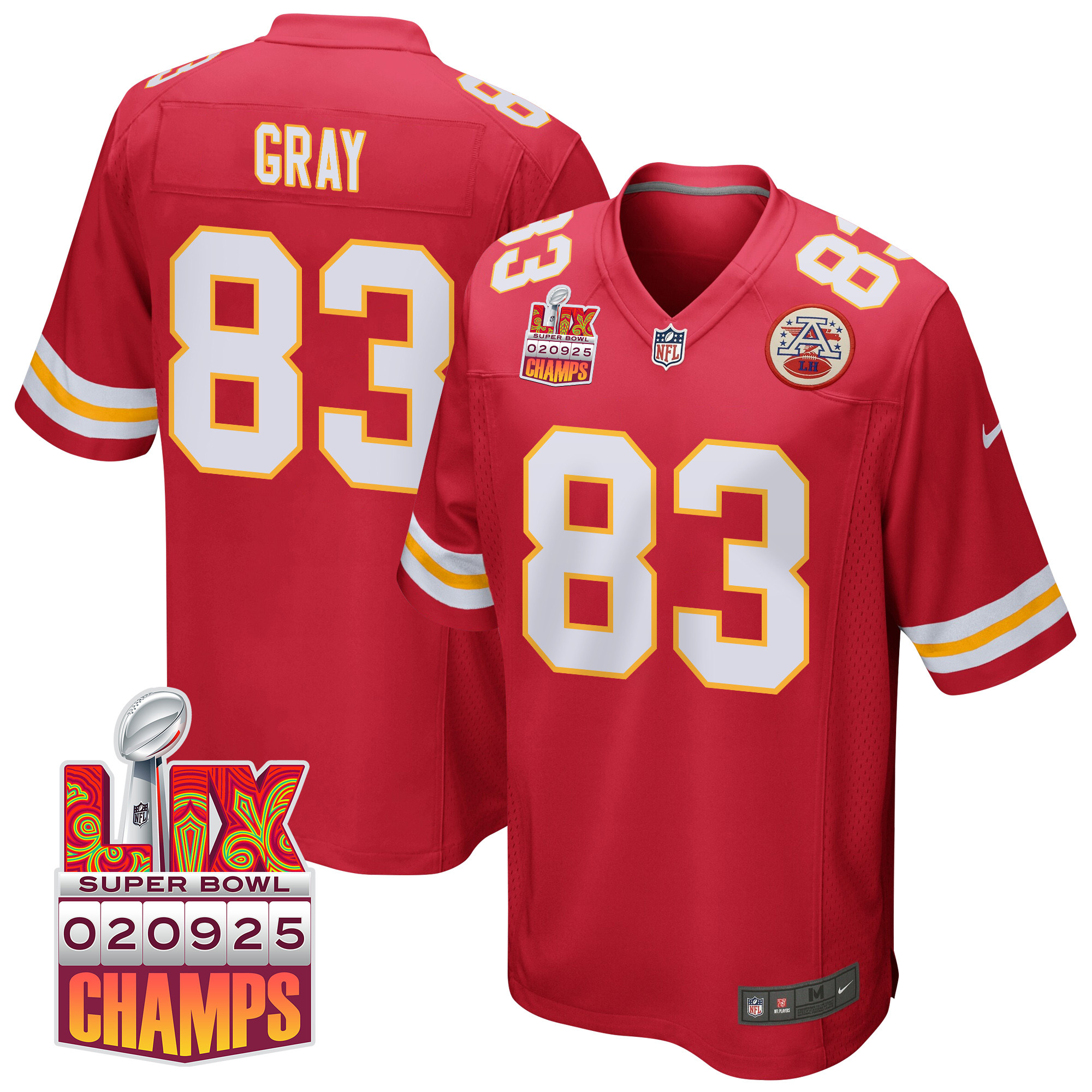 Noah Gray #83 Kansas City Chiefs Super Bowl LIX Champions Patch Game Jersey - Men's | Red