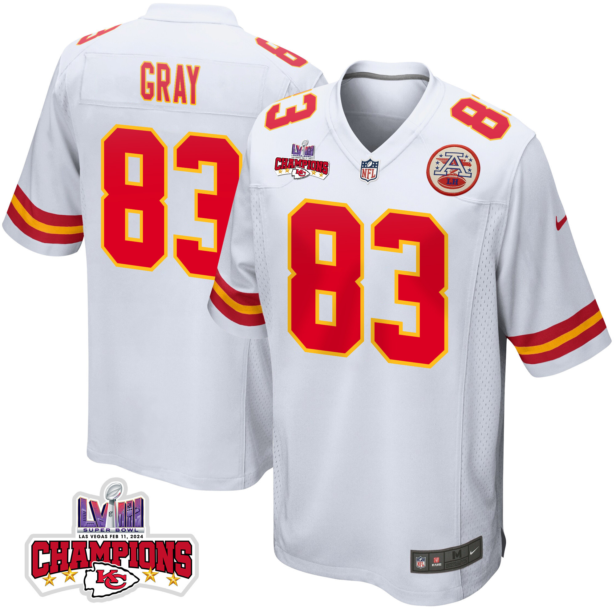 Noah Gray #83 Kansas City Chiefs Super Bowl LVIII Champions 4 Stars Patch Game Jersey - Men's | White