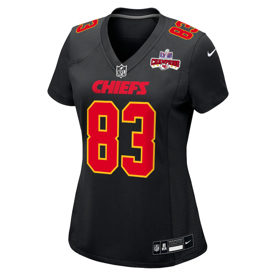 Alternative view of Noah Gray #83 Kansas City Chiefs Super Bowl LVIII Champions 4 Stars Patch Game Jersey - Women's | Carbon Black