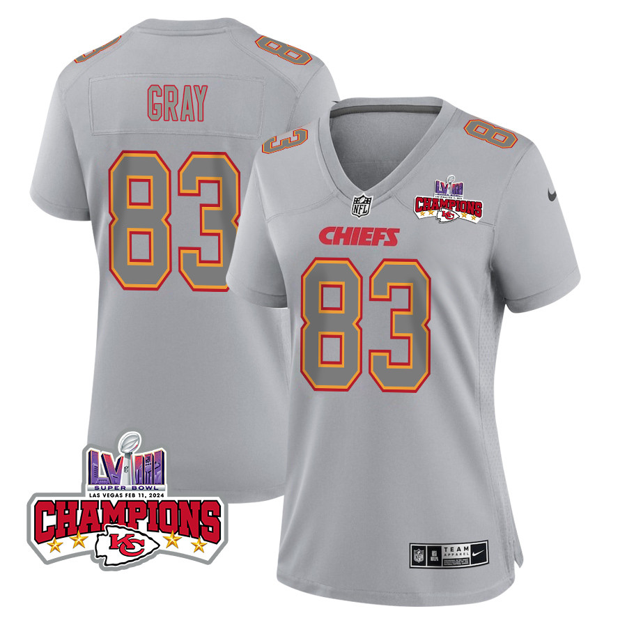 Noah Gray #83 Kansas City Chiefs Super Bowl LVIII Champions 4 Stars Patch Game Jersey - Women's | Gray