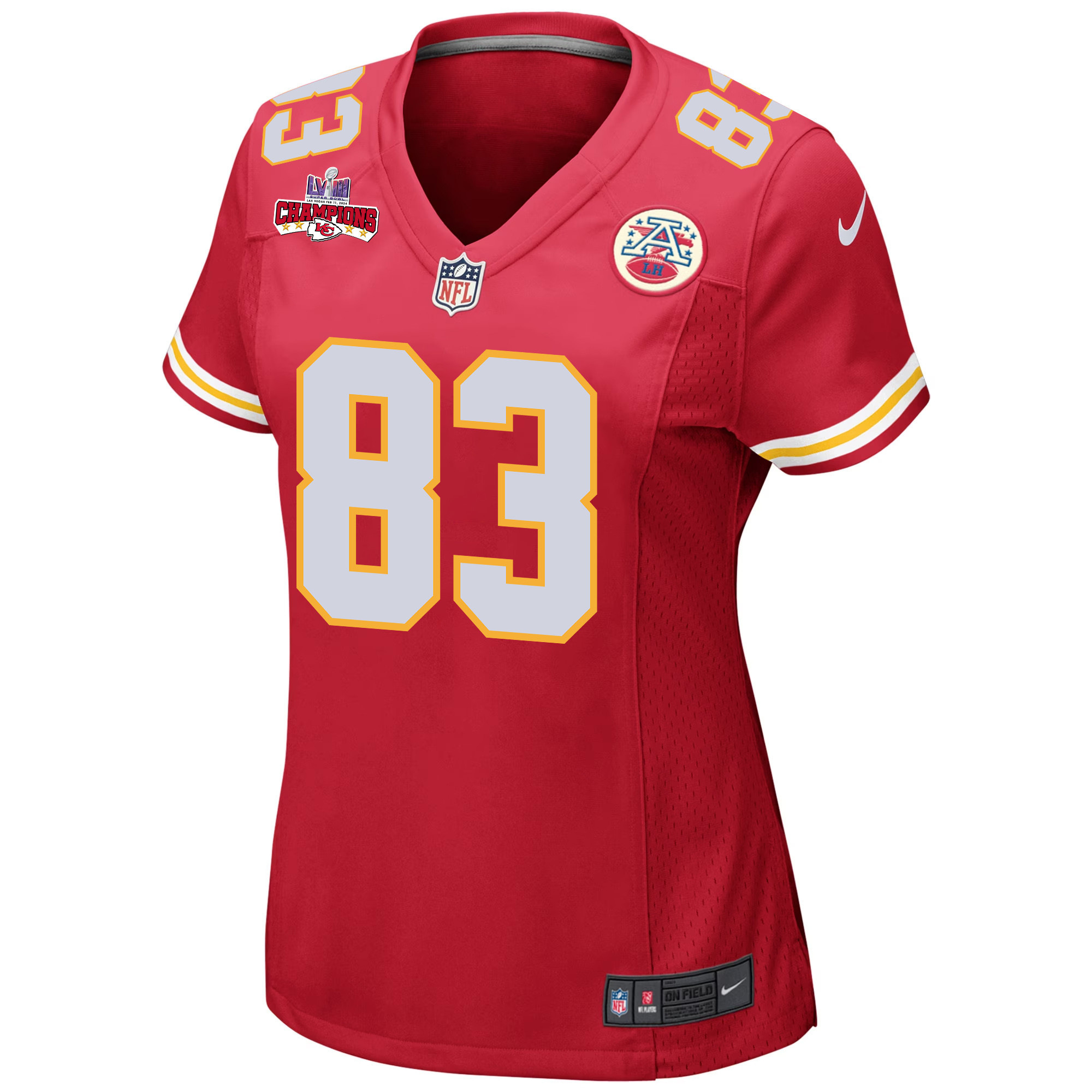 Alternative view of Noah Gray #83 Kansas City Chiefs Super Bowl LVIII Champions 4 Stars Patch Game Jersey - Women's | Red