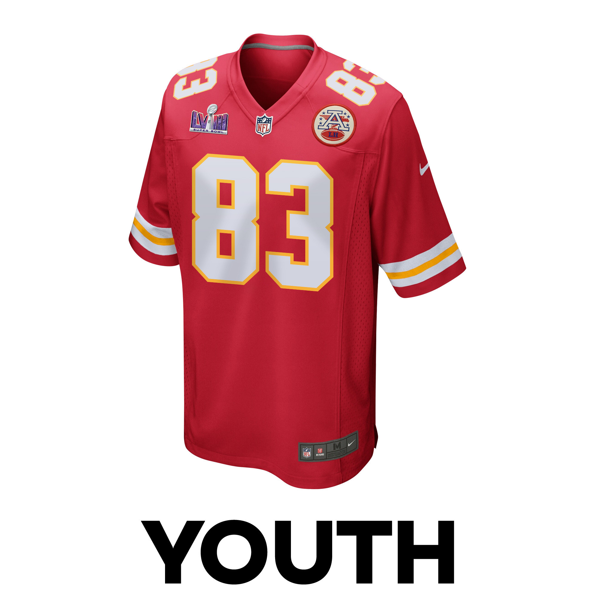 Alternative view of Noah Gray #83 Kansas City Chiefs Super Bowl LVIII Patch Game Jersey - Youth | Red