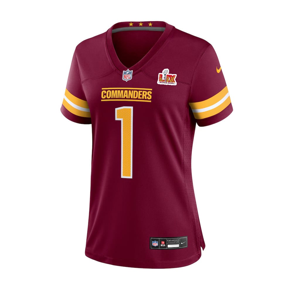Alternative view of Noah Igbinoghene #1 Washington Commanders Super Bowl LIX Game Jersey - Women's | Burgundy