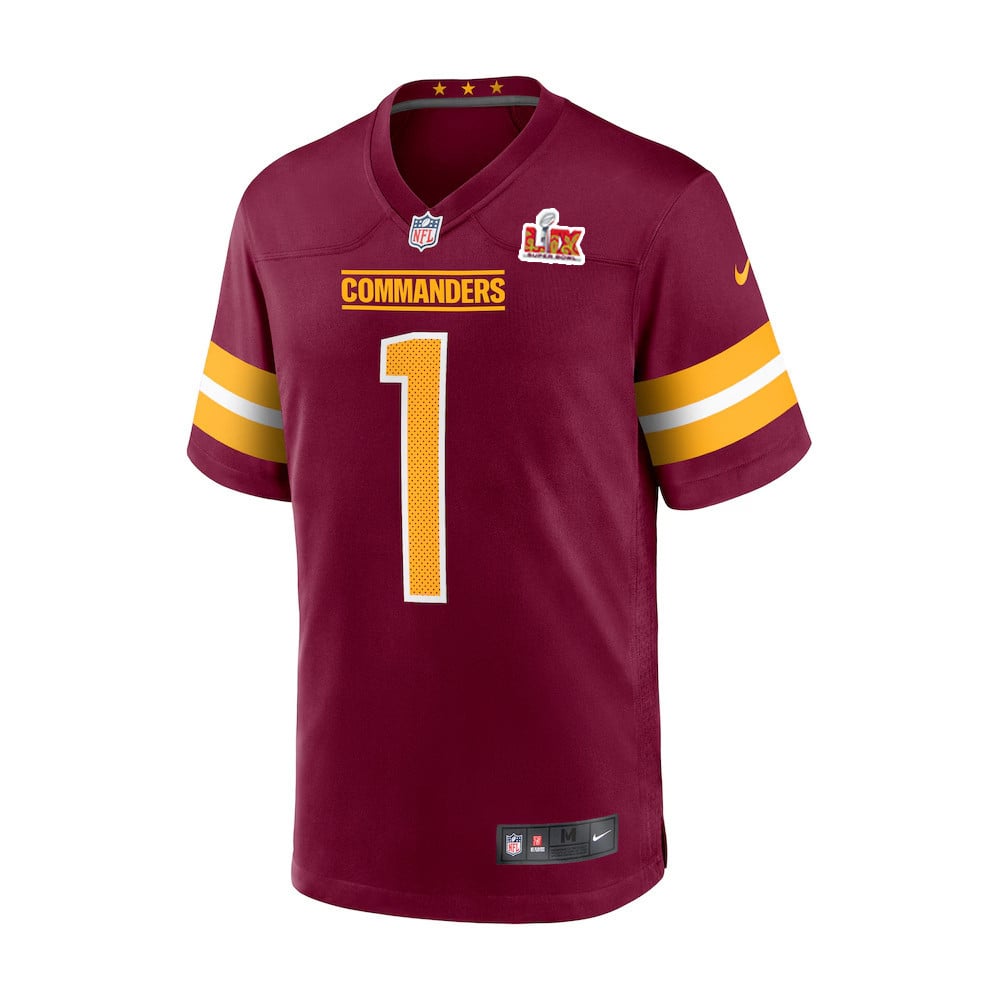 Alternative view of Noah Igbinoghene #1 Washington Commanders Super Bowl LIX Game Jersey - Youth | Burgundy