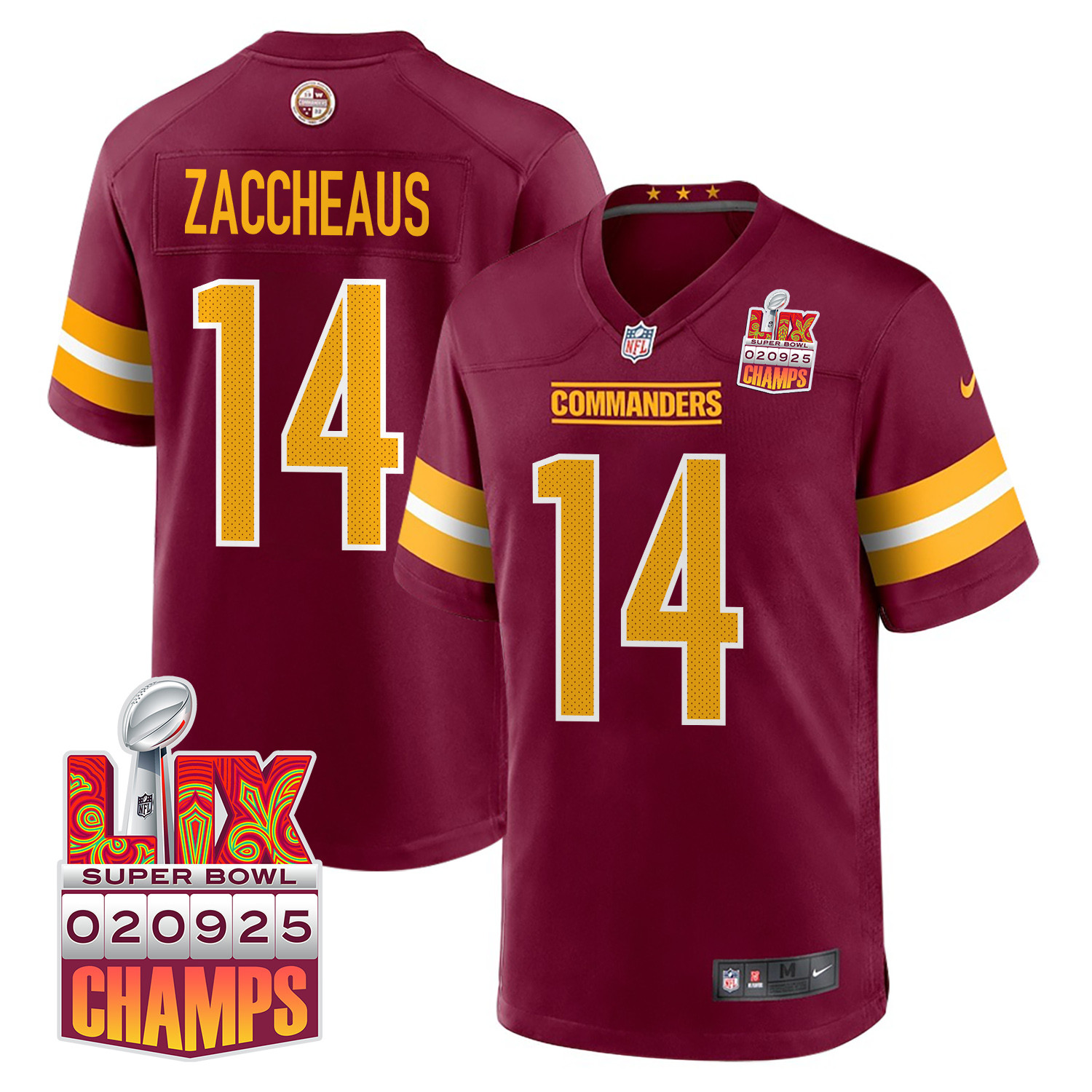 Olamide Zaccheaus #14 Washington Commanders Super Bowl LIX Champions Patch Game Jersey - Men's | Burgundy