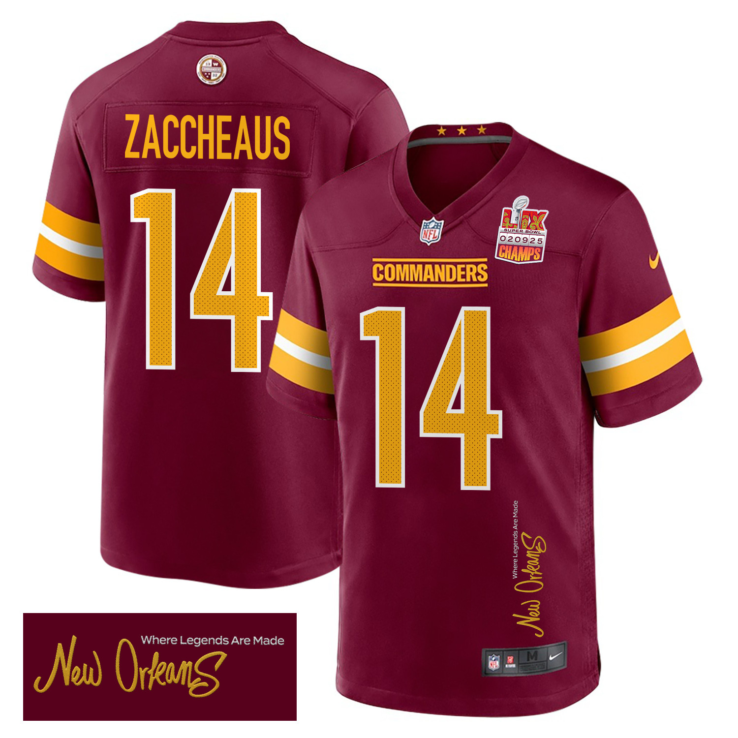 Olamide Zaccheaus #14 Washington Commanders Super Bowl LIX Champions Patch Legend Jersey - Men's | Burgundy